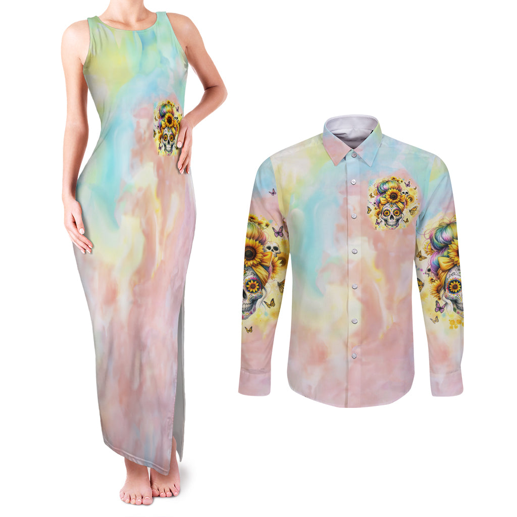 Sunflower Skull Couples Matching Tank Maxi Dress and Long Sleeve Button Shirt She Is Sunshine Mixed With A Little Hurricane