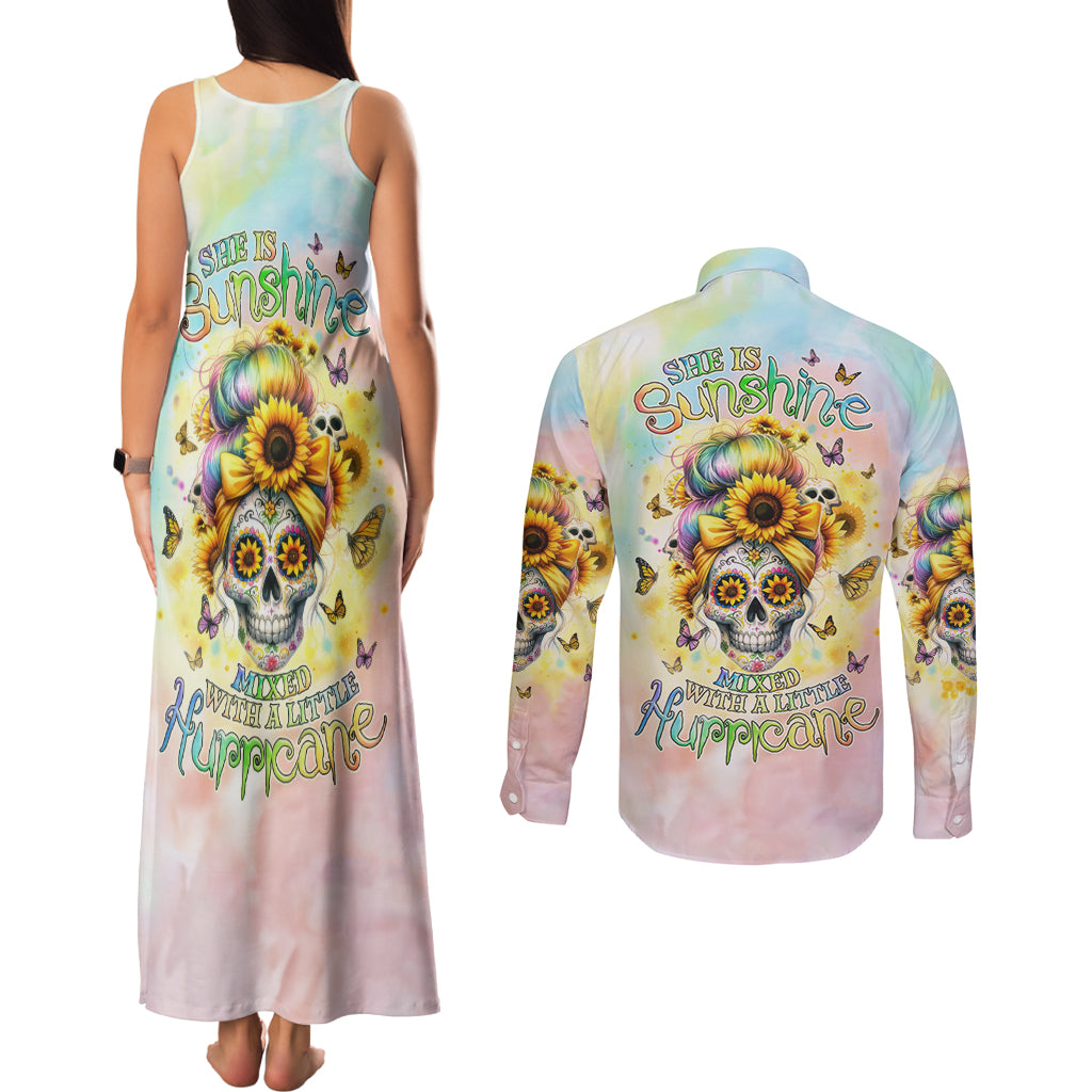 Sunflower Skull Couples Matching Tank Maxi Dress and Long Sleeve Button Shirt She Is Sunshine Mixed With A Little Hurricane