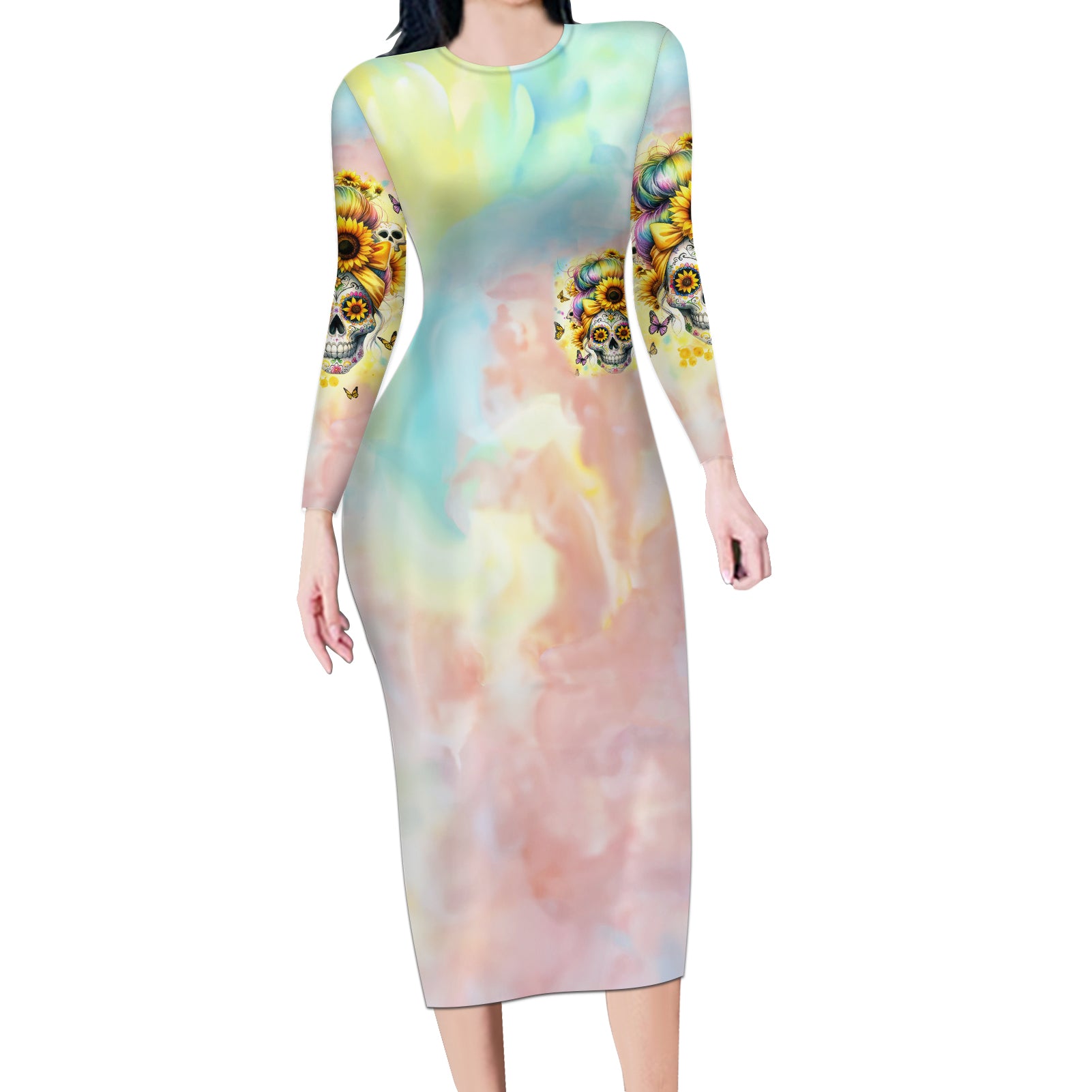Sunflower Skull Long Sleeve Bodycon Dress She Is Sunshine Mixed With A Little Hurricane