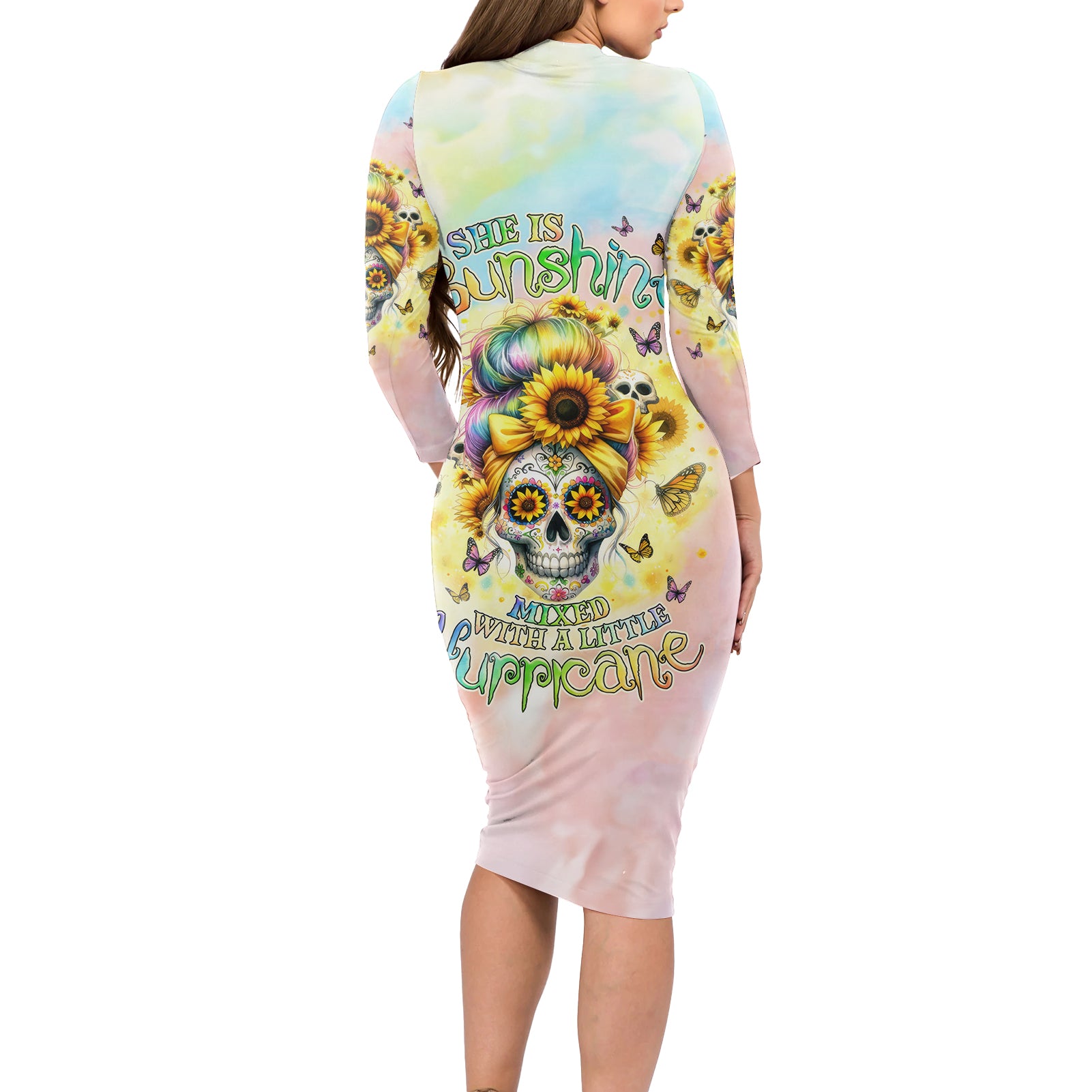Sunflower Skull Long Sleeve Bodycon Dress She Is Sunshine Mixed With A Little Hurricane