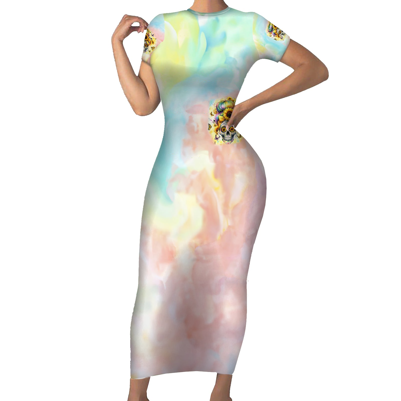 Sunflower Skull Short Sleeve Bodycon Dress She Is Sunshine Mixed With A Little Hurricane