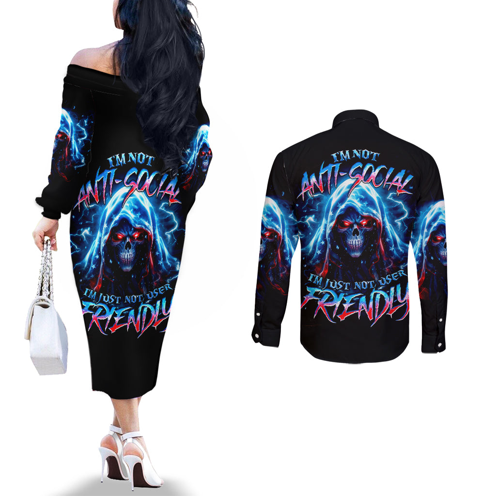 Thunder Skull Couples Matching Off The Shoulder Long Sleeve Dress and Long Sleeve Button Shirt I'm Not Anti Social I'm Just Not User Friendly