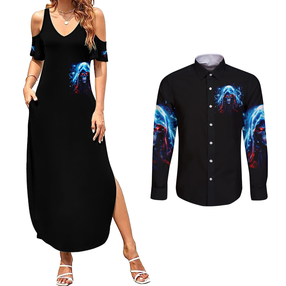 Thunder Skull Couples Matching Summer Maxi Dress and Long Sleeve Button Shirt I'm Not Anti Social I'm Just Not User Friendly