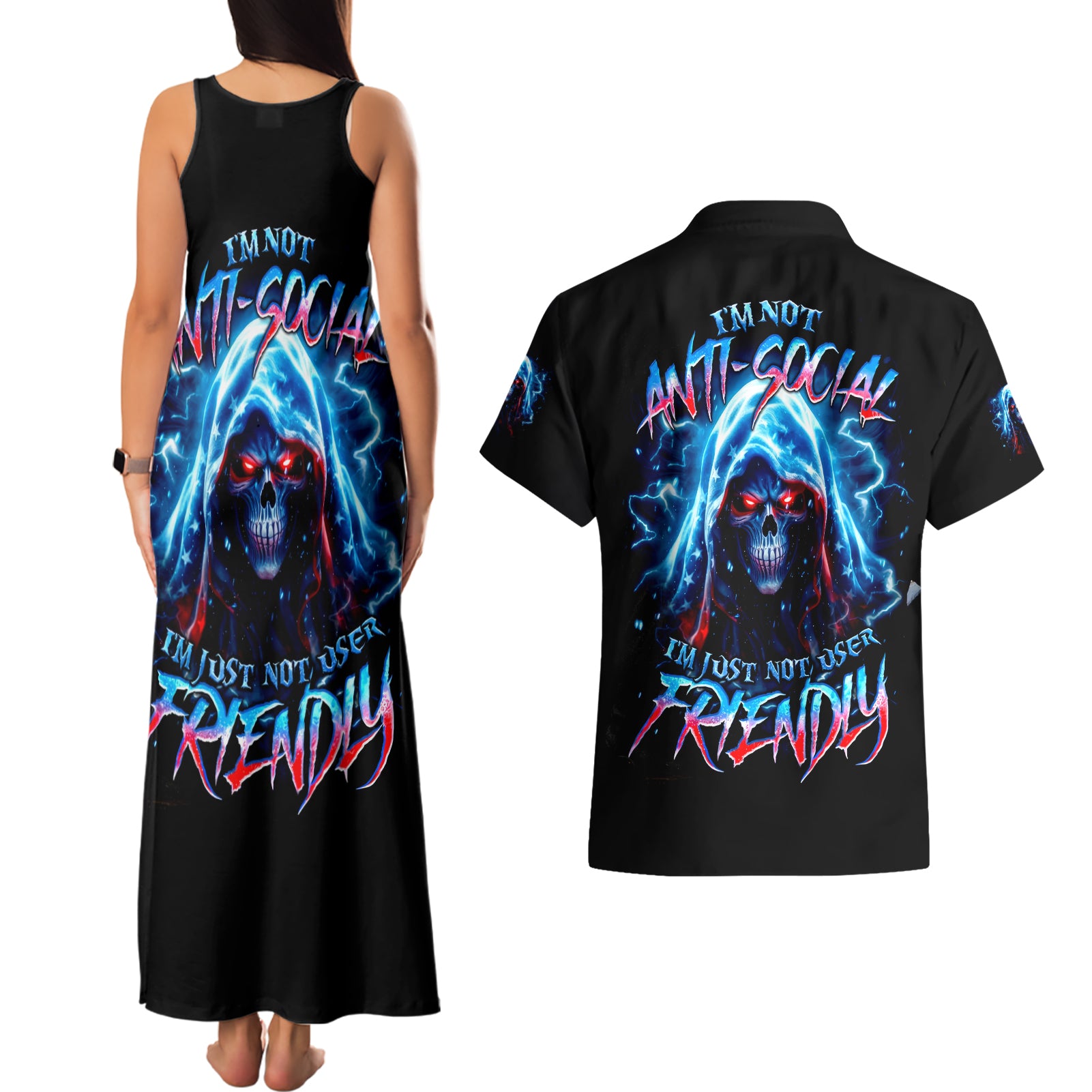 Thunder Skull Couples Matching Tank Maxi Dress and Hawaiian Shirt I'm Not Anti Social I'm Just Not User Friendly
