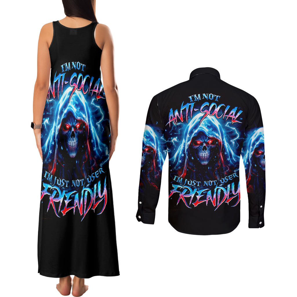 Thunder Skull Couples Matching Tank Maxi Dress and Long Sleeve Button Shirt I'm Not Anti Social I'm Just Not User Friendly