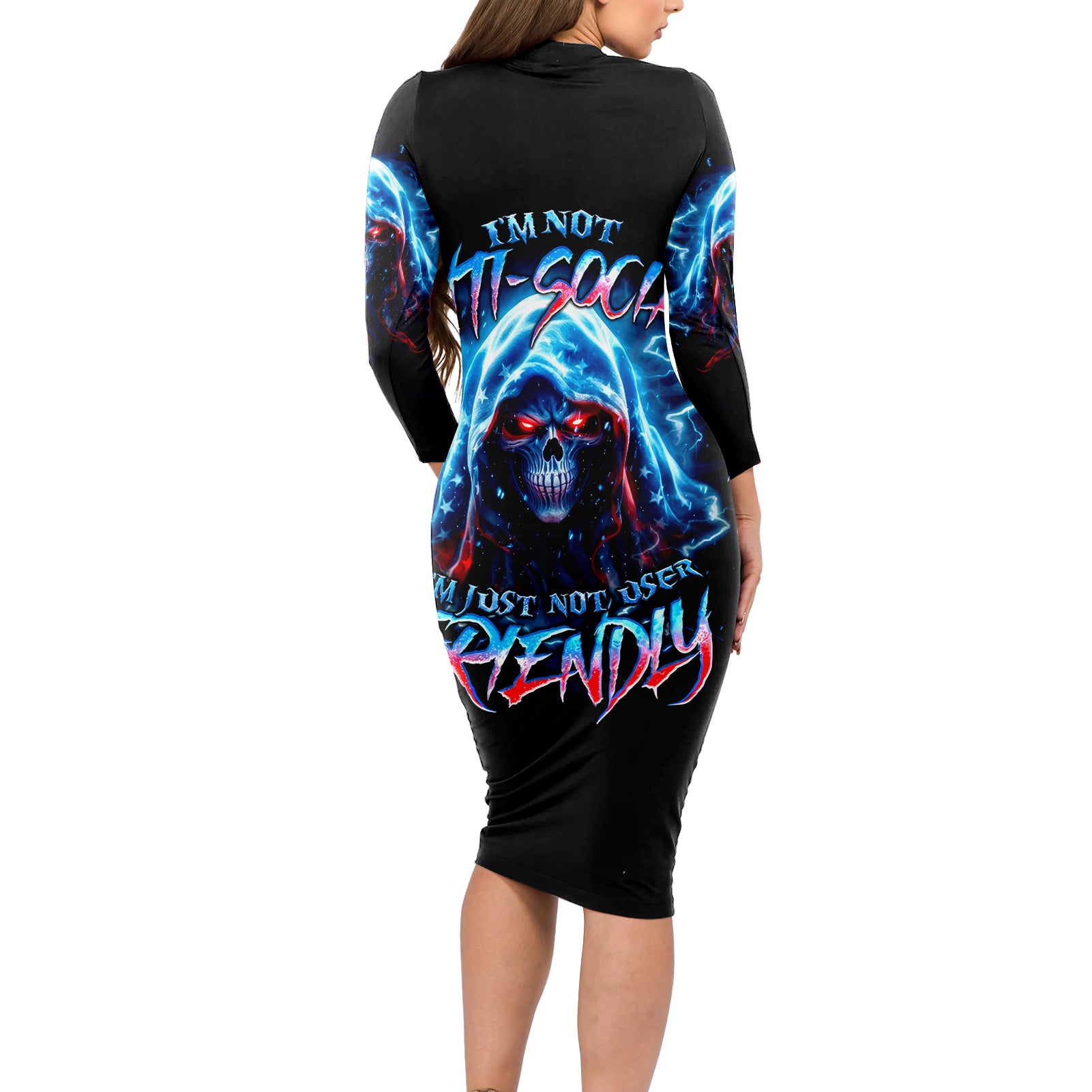Thunder Skull Long Sleeve Bodycon Dress I'm Not Anti Social I'm Just Not User Friendly