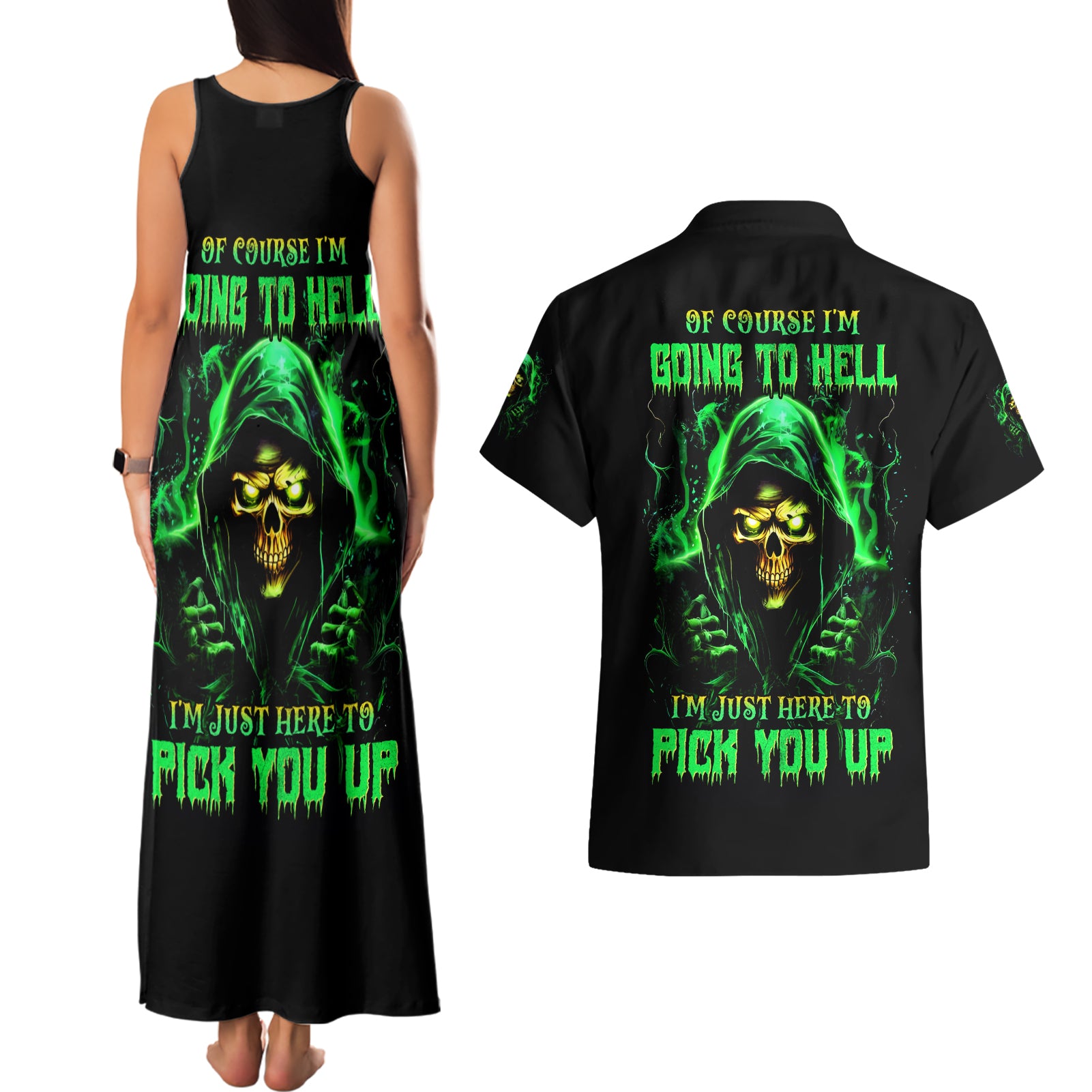 Flame Skull Couples Matching Tank Maxi Dress and Hawaiian Shirt Of Course I'm Going To Hell I'm Just Here To Pick You Up
