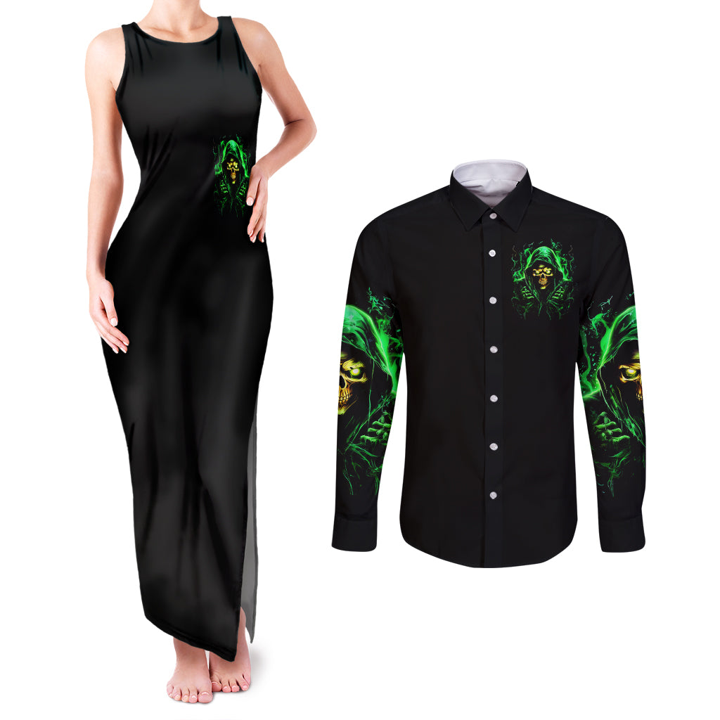 Flame Skull Couples Matching Tank Maxi Dress and Long Sleeve Button Shirt Of Course I'm Going To Hell I'm Just Here To Pick You Up
