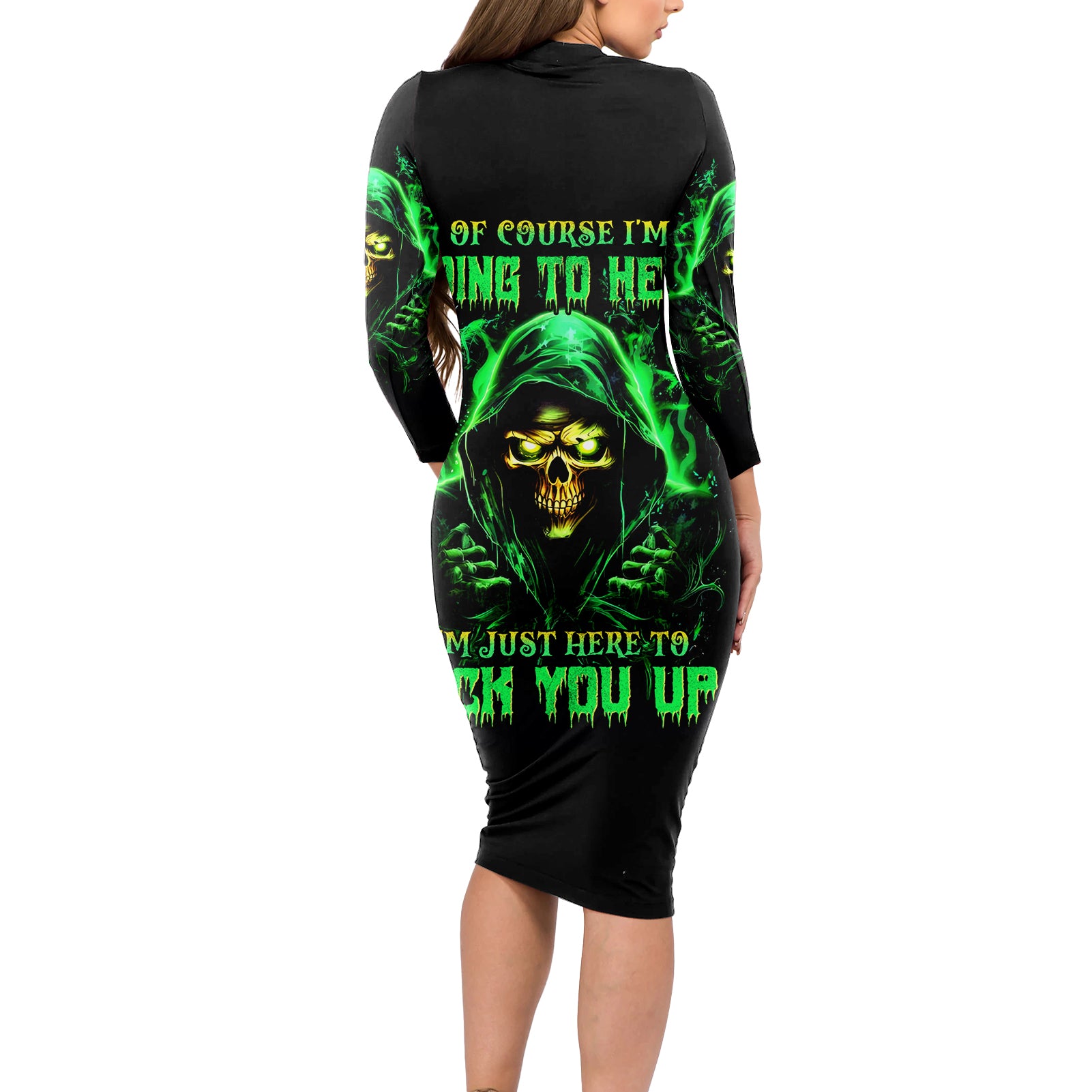 Flame Skull Long Sleeve Bodycon Dress Of Course I'm Going To Hell I'm Just Here To Pick You Up