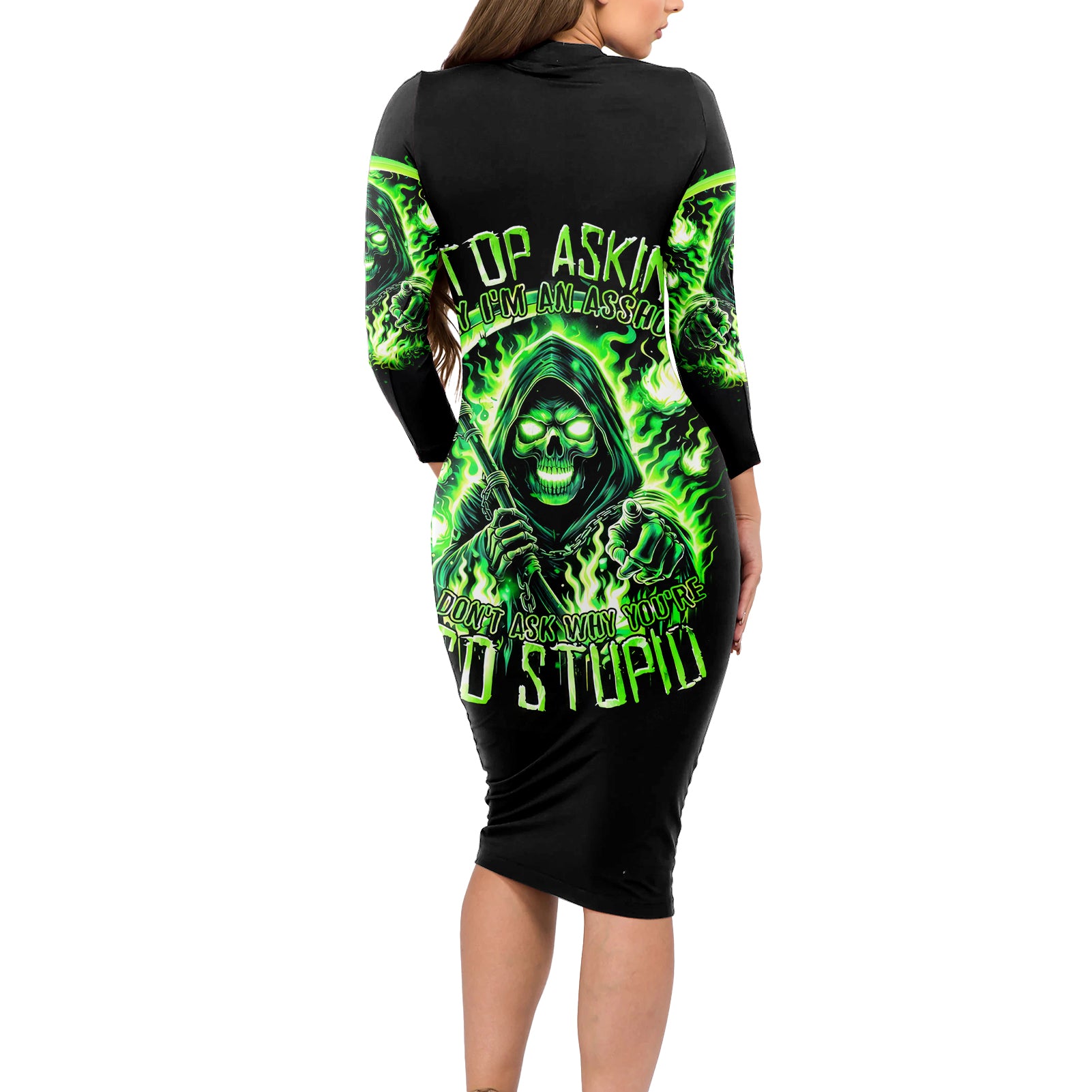 Flame Reaper Skull Long Sleeve Bodycon Dress Stop Asking Why I'm An Asshole I Don't Ask Why You So Stupid