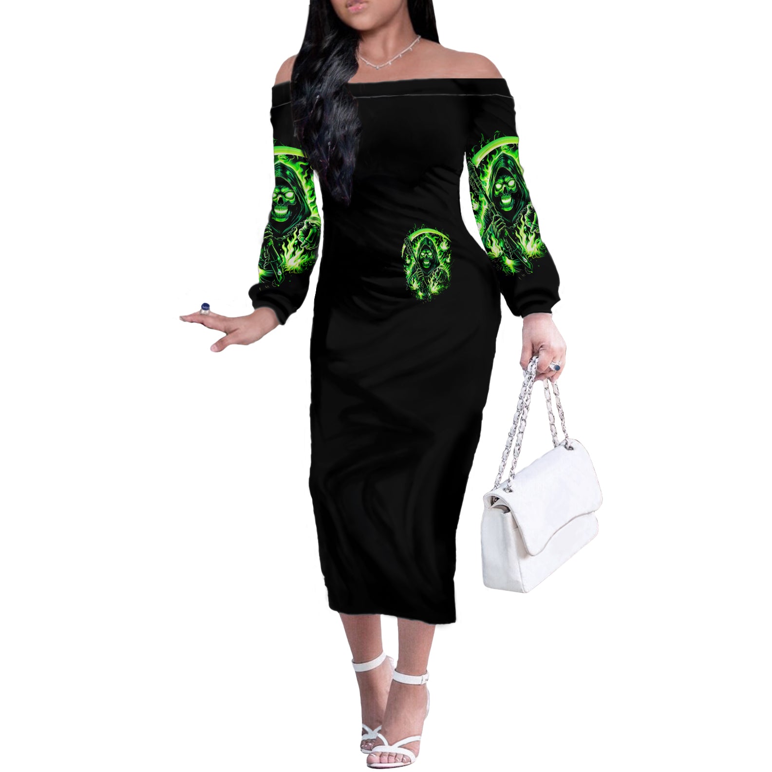 Flame Reaper Skull Off The Shoulder Long Sleeve Dress Stop Asking Why I'm An Asshole I Don't Ask Why You So Stupid