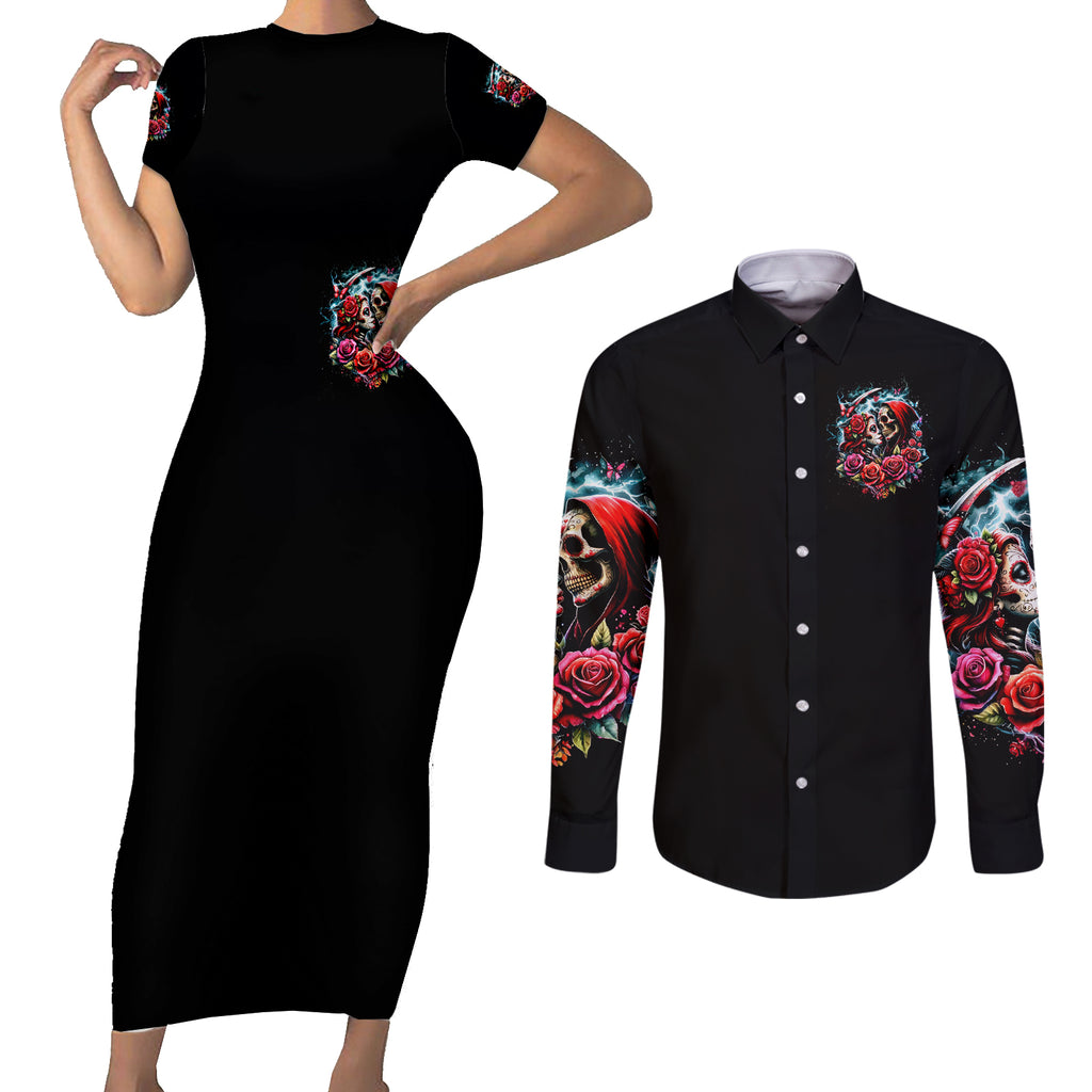 Couple Skull Couples Matching Short Sleeve Bodycon Dress and Long Sleeve Button Shirt From Our Firse Kiss