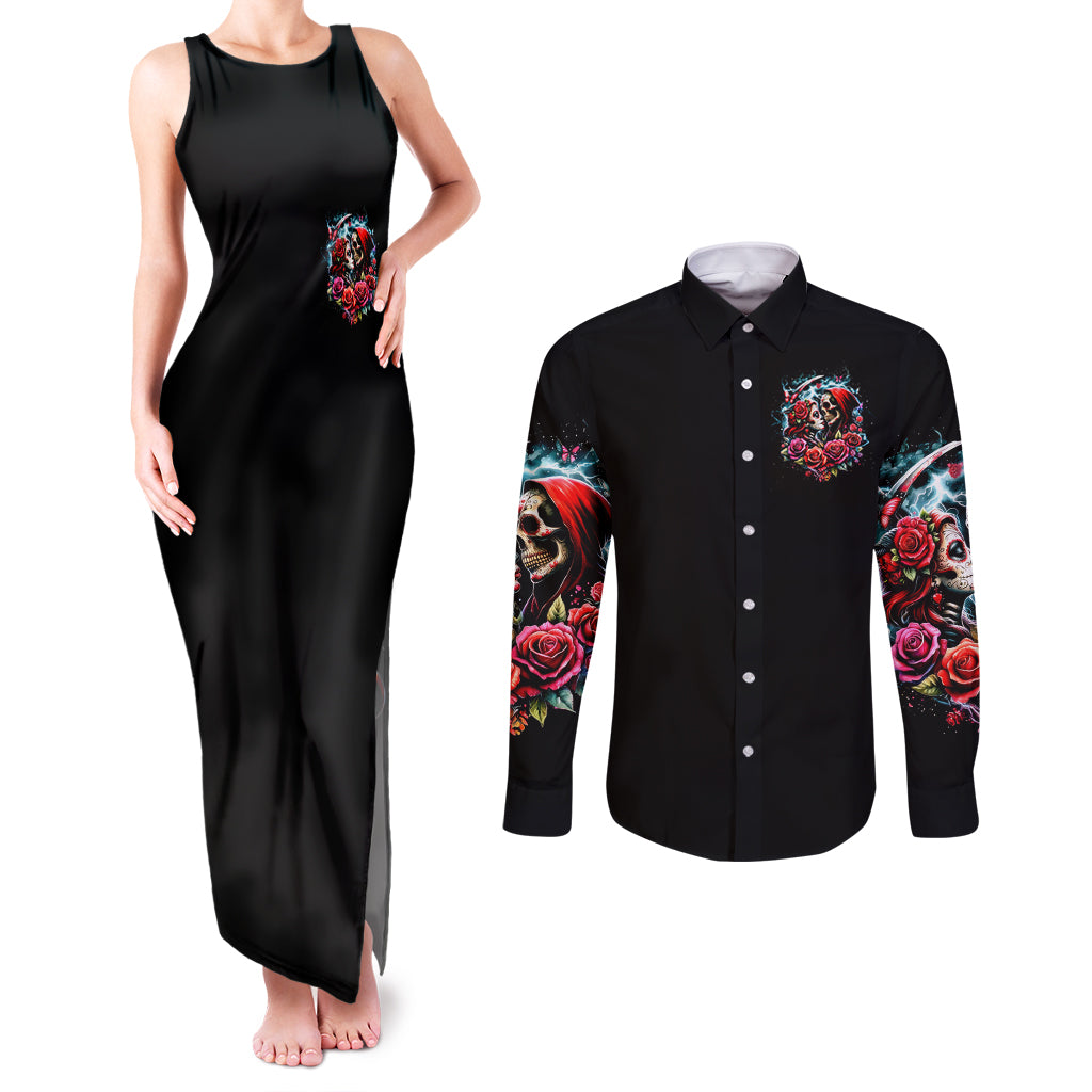 Couple Skull Couples Matching Tank Maxi Dress and Long Sleeve Button Shirt From Our Firse Kiss