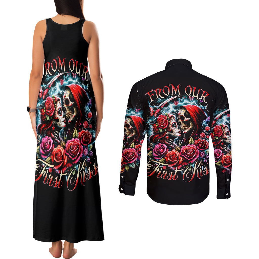 Couple Skull Couples Matching Tank Maxi Dress and Long Sleeve Button Shirt From Our Firse Kiss