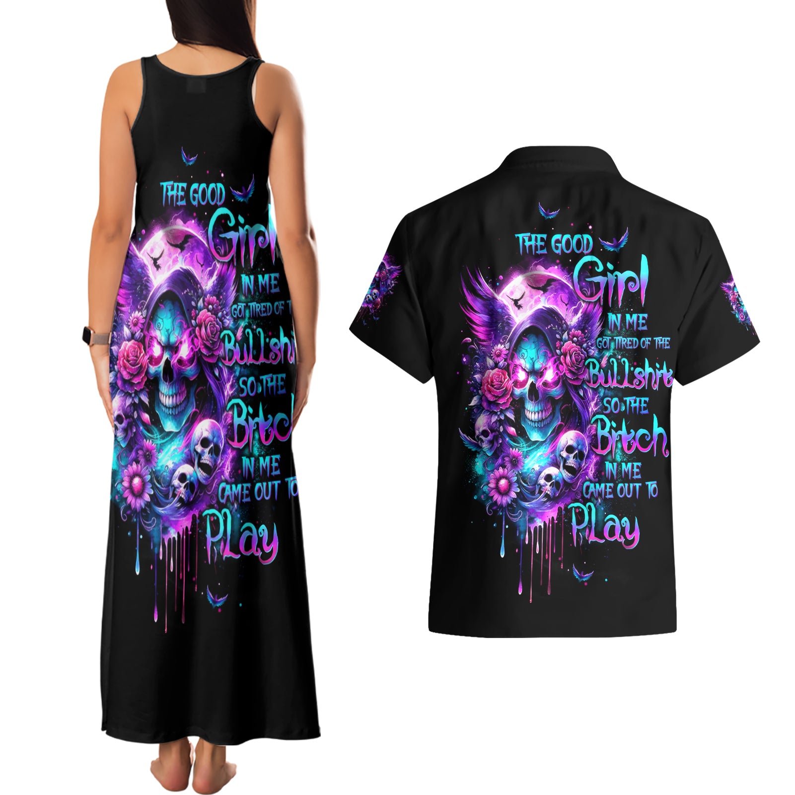 Fairy Skull Couples Matching Tank Maxi Dress and Hawaiian Shirt The Good Girl In Me Got Tired Of The Bullshit
