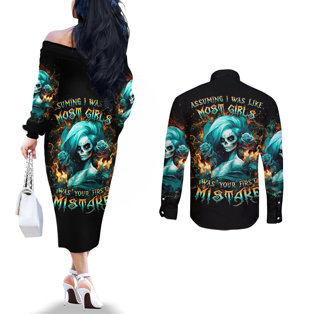 Flame Girl Skull Couples Matching Off The Shoulder Long Sleeve Dress and Long Sleeve Button Shirt Assuming I Was Like Most Girls Was Your First Mistake