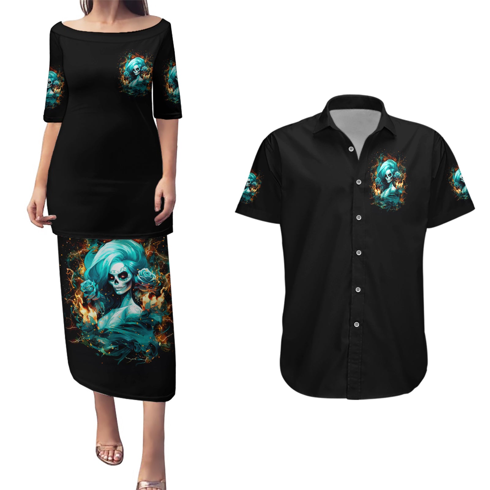 Flame Girl Skull Couples Matching Puletasi and Hawaiian Shirt Assuming I Was Like Most Girls Was Your First Mistake