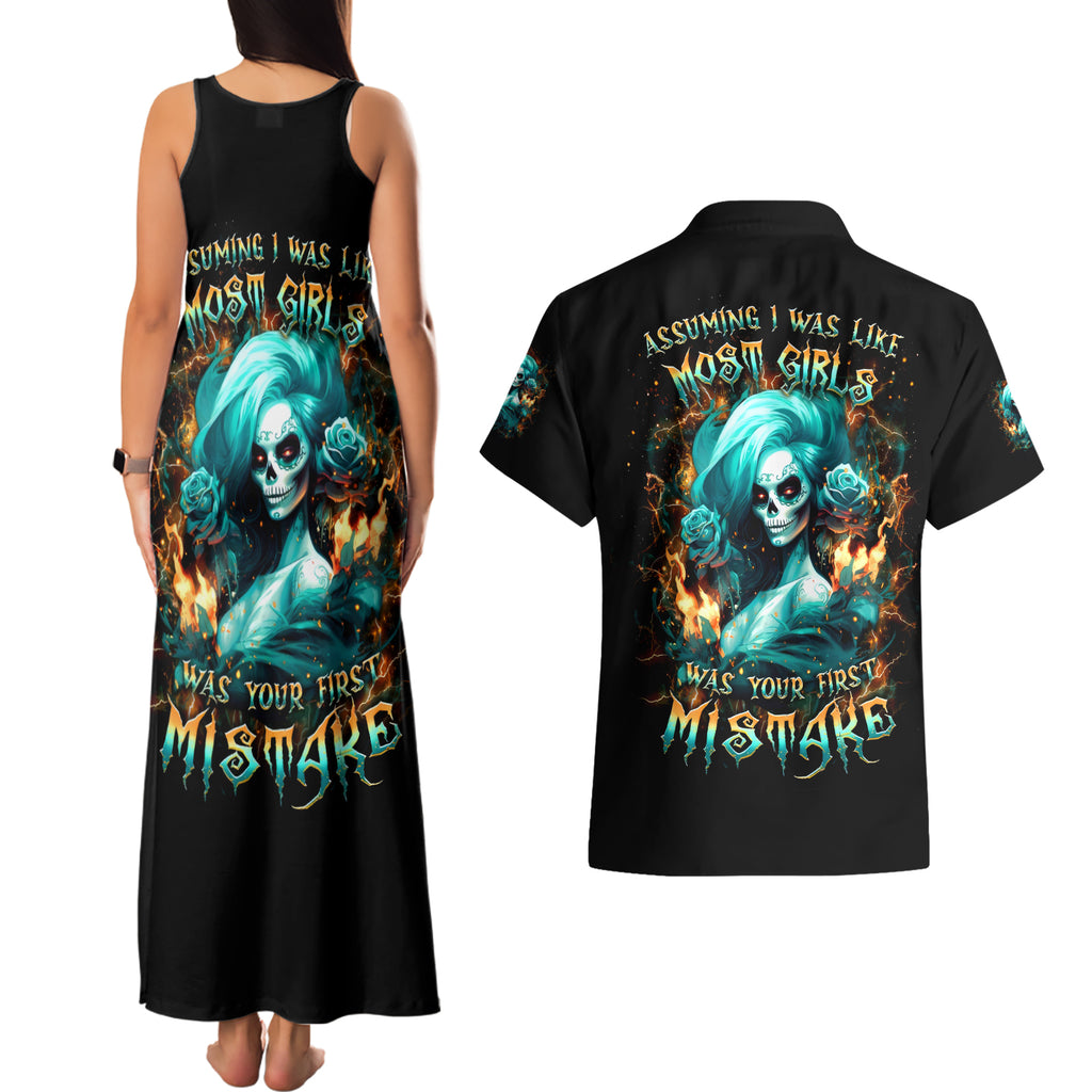 Flame Girl Skull Couples Matching Tank Maxi Dress and Hawaiian Shirt Assuming I Was Like Most Girls Was Your First Mistake