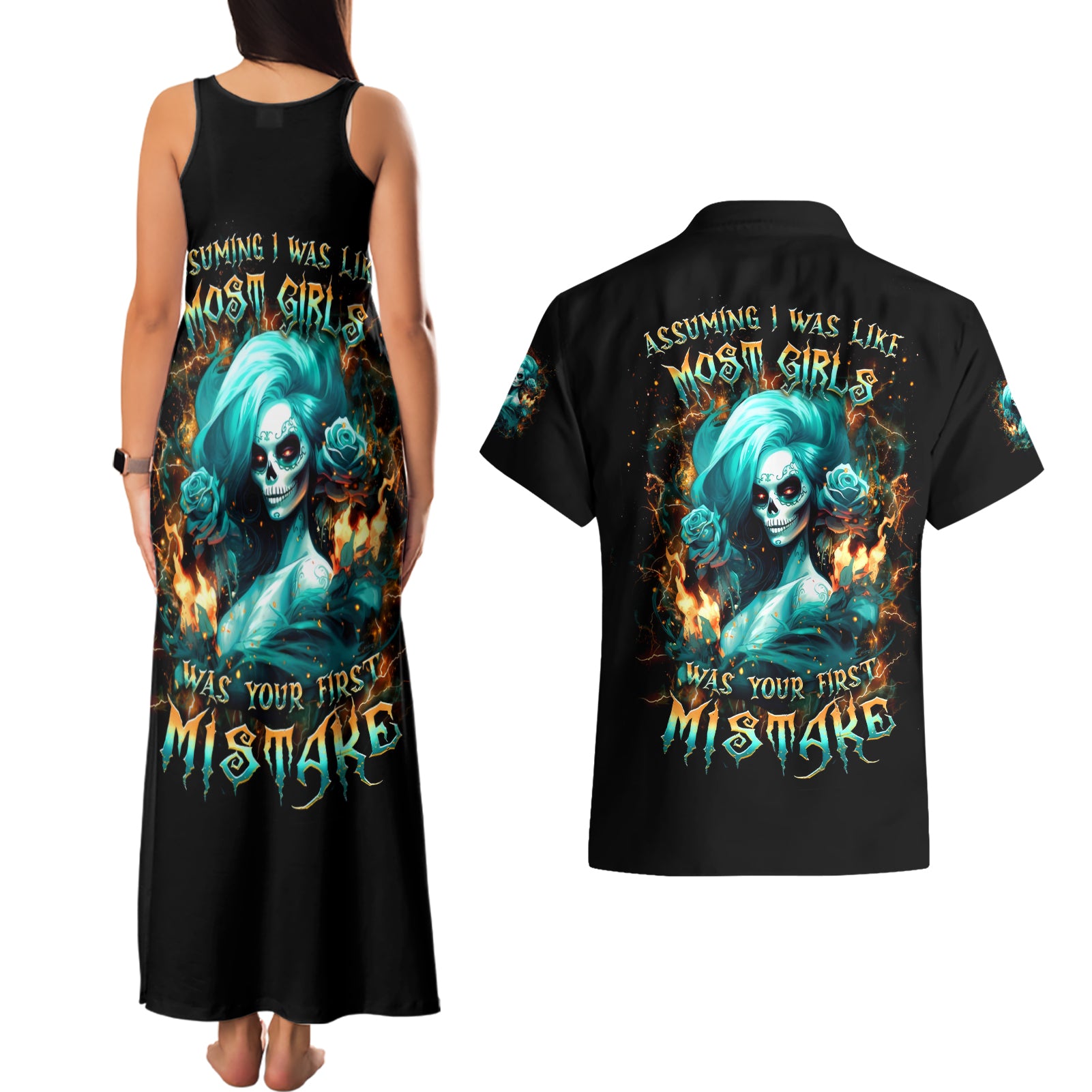 Flame Girl Skull Couples Matching Tank Maxi Dress and Hawaiian Shirt Assuming I Was Like Most Girls Was Your First Mistake