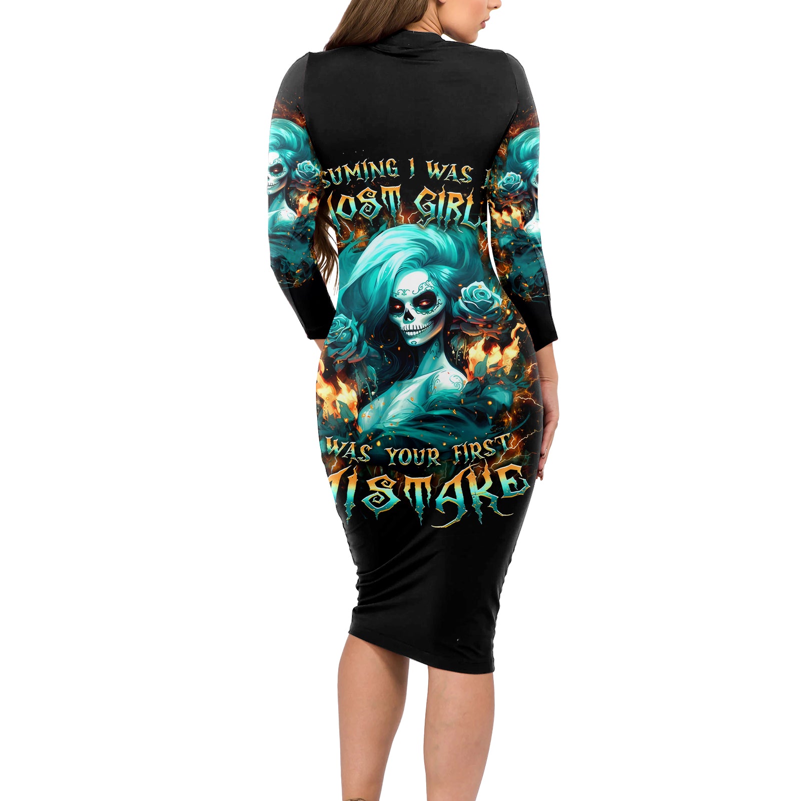 Flame Girl Skull Long Sleeve Bodycon Dress Assuming I Was Like Most Girls Was Your First Mistake