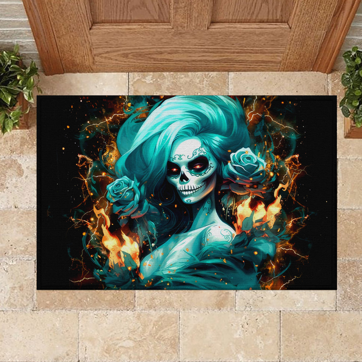 Flame Girl Skull Rubber Doormat Assuming I Was Like Most Girls Was Your First Mistake