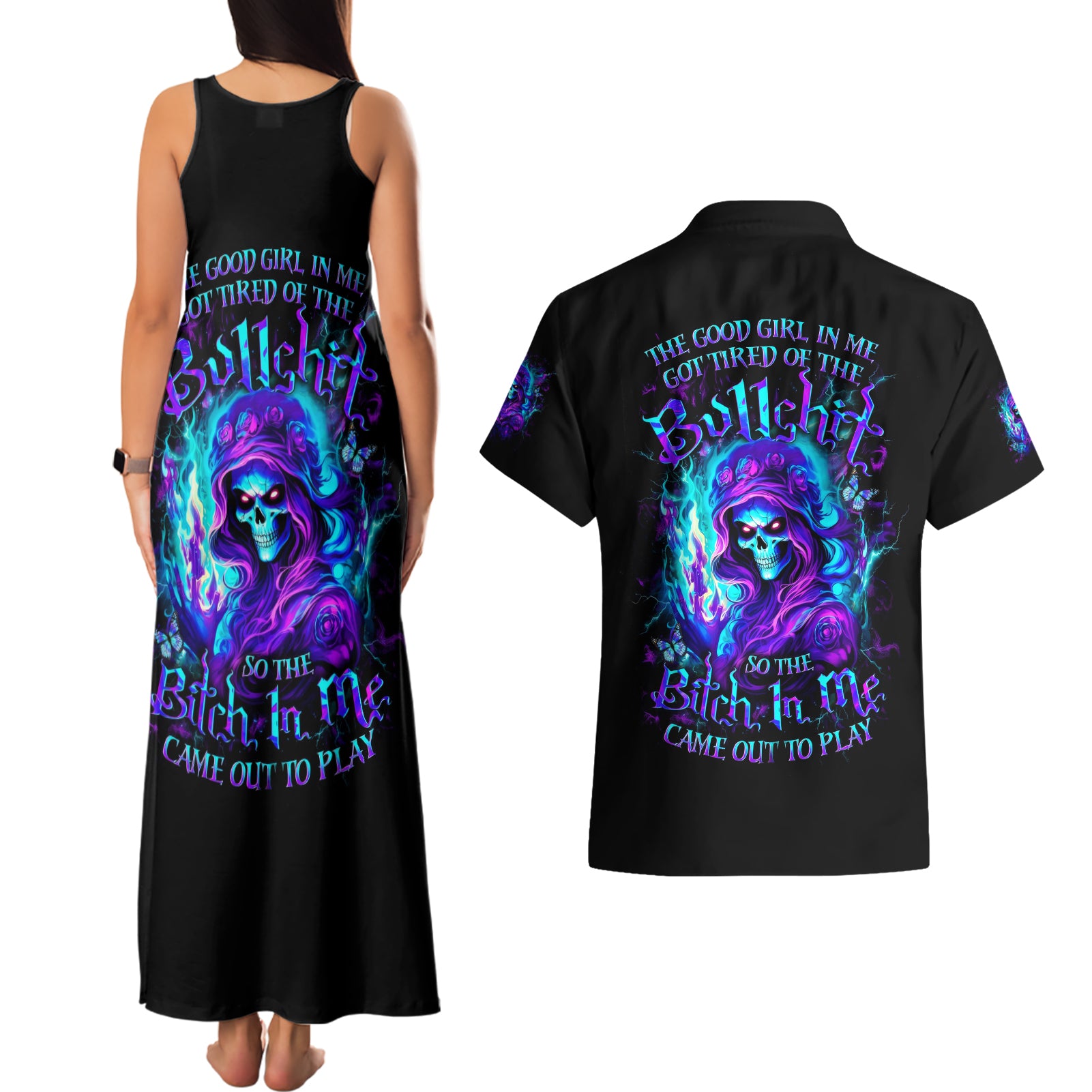 Flame Girl Skull Couples Matching Tank Maxi Dress and Hawaiian Shirt The Good Girl In Me Got Tired Of The Bullshit