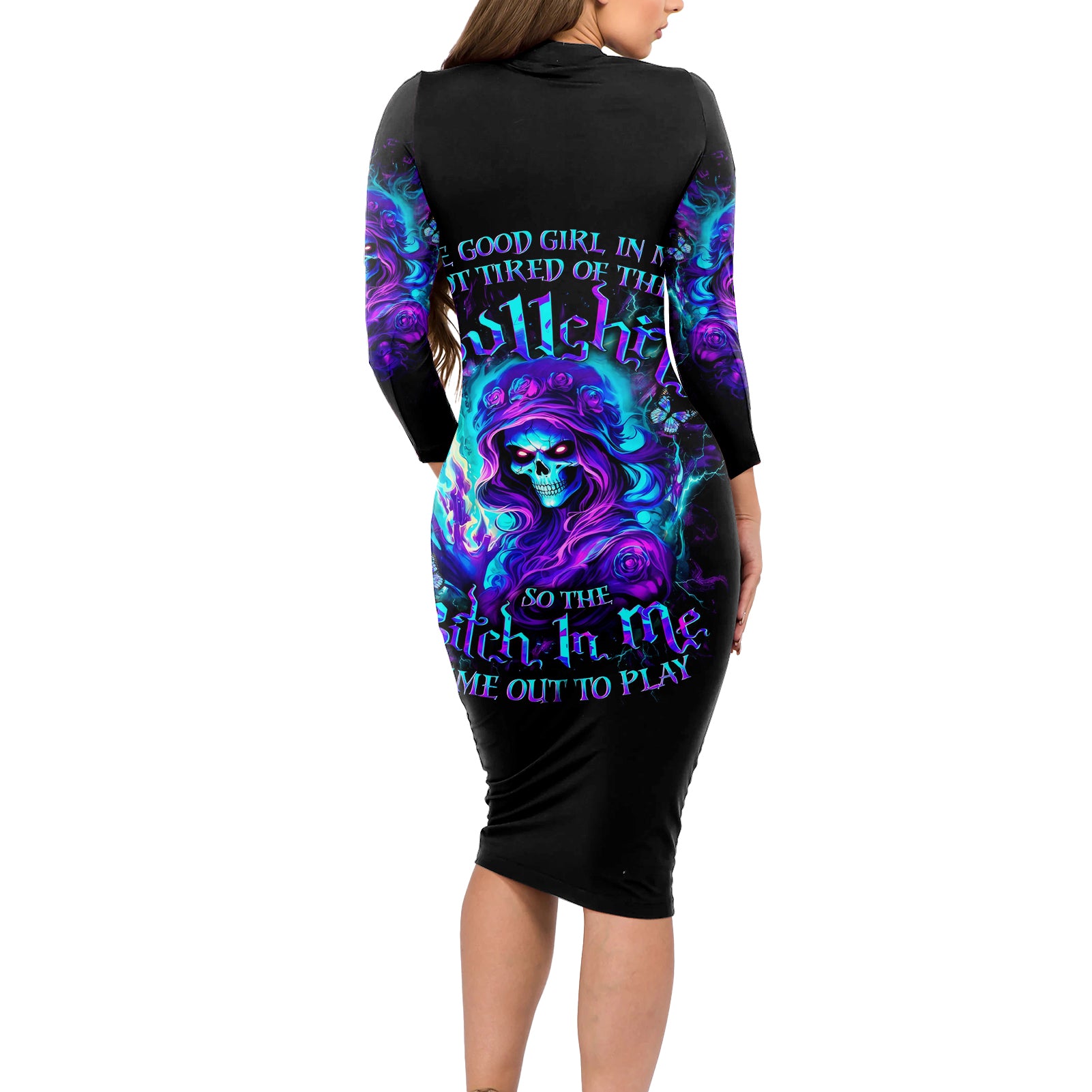 Flame Girl Skull Long Sleeve Bodycon Dress The Good Girl In Me Got Tired Of The Bullshit