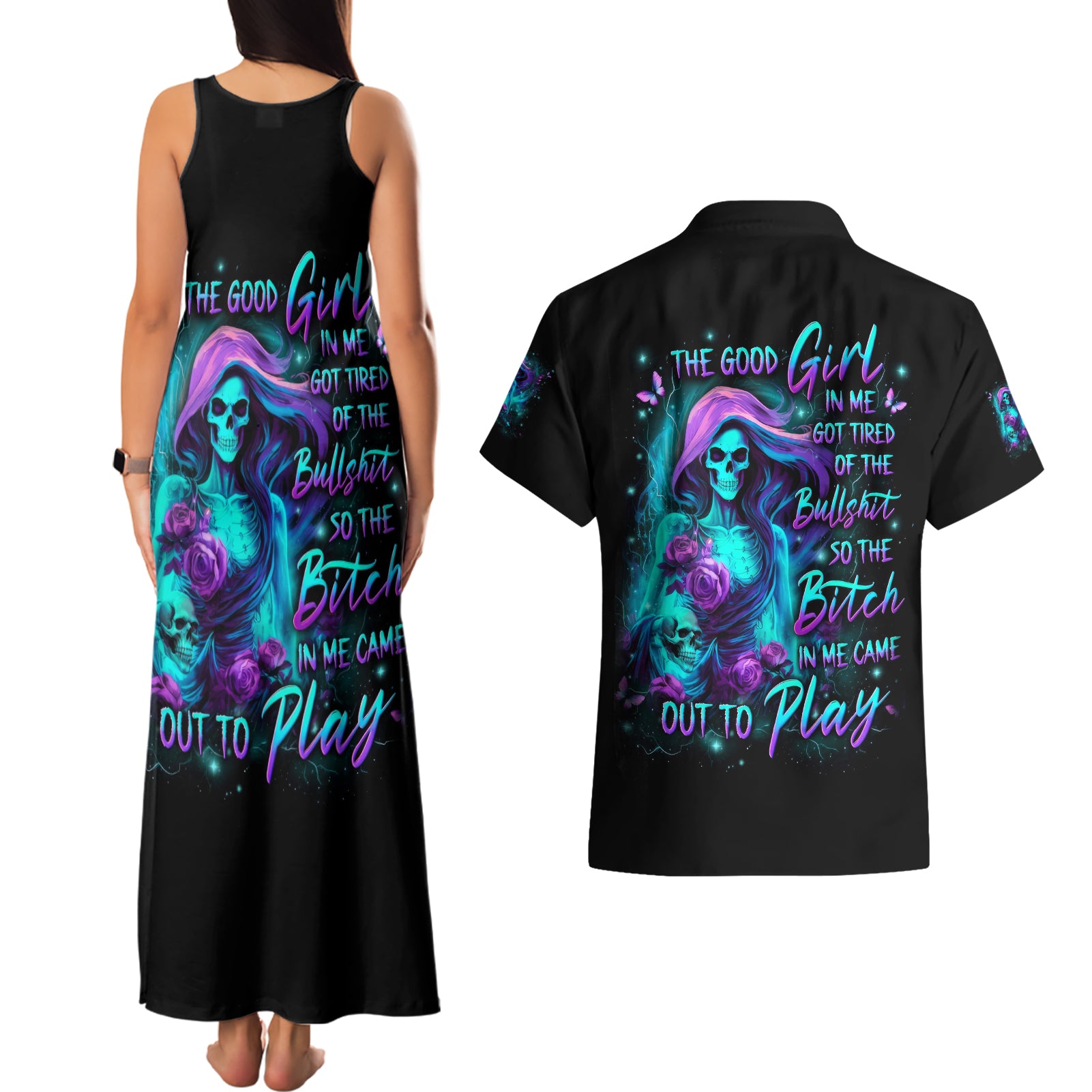 Flame Girl Skull Couples Matching Tank Maxi Dress and Hawaiian Shirt The Good Girl In Me Got Tired Of The Bullshit