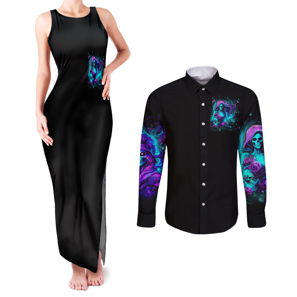 Flame Girl Skull Couples Matching Tank Maxi Dress and Long Sleeve Button Shirt The Good Girl In Me Got Tired Of The Bullshit