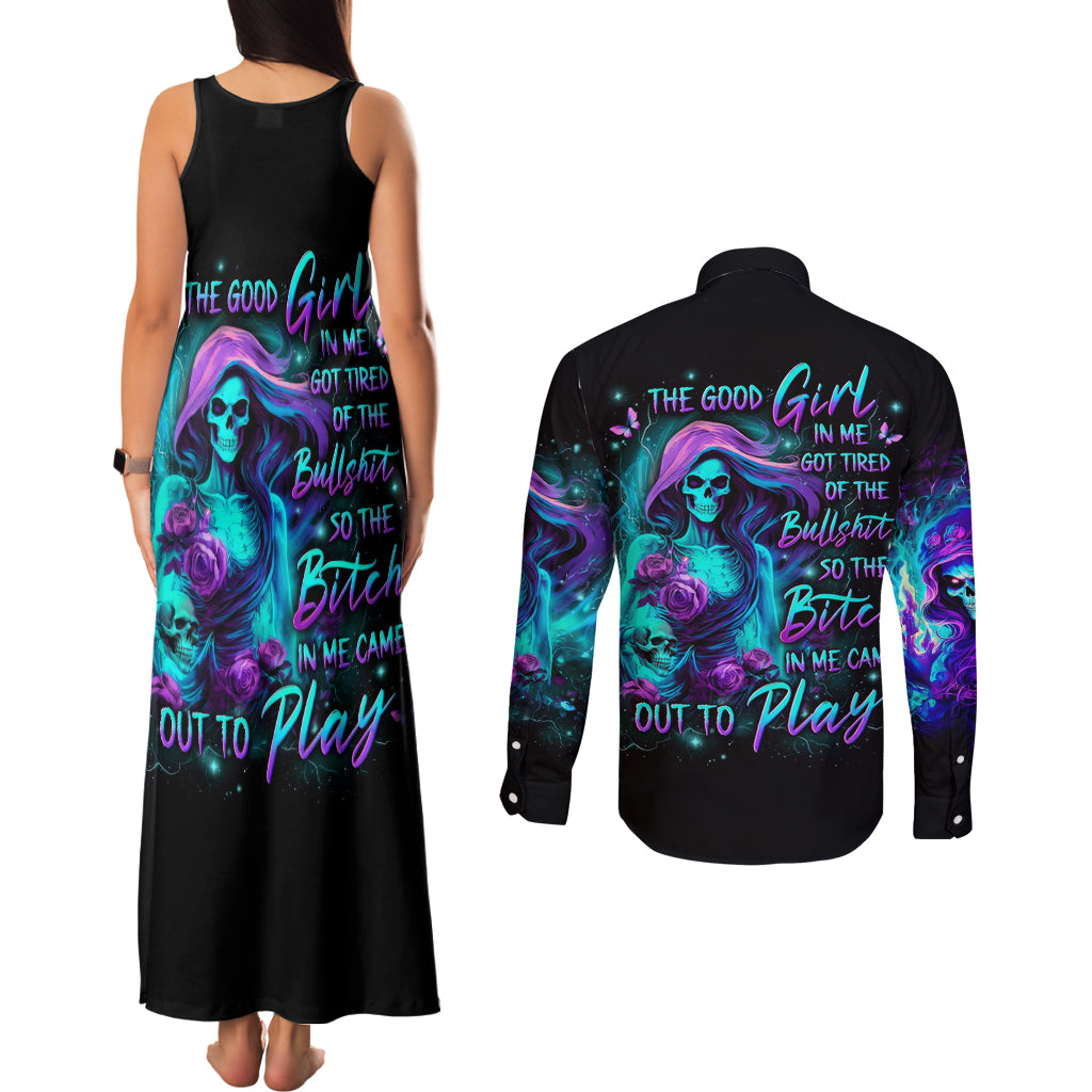 Flame Girl Skull Couples Matching Tank Maxi Dress and Long Sleeve Button Shirt The Good Girl In Me Got Tired Of The Bullshit
