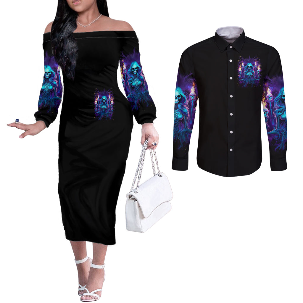 Witch Skull Couples Matching Off The Shoulder Long Sleeve Dress and Long Sleeve Button Shirt Wake Up Beasuty I't Time To Beast