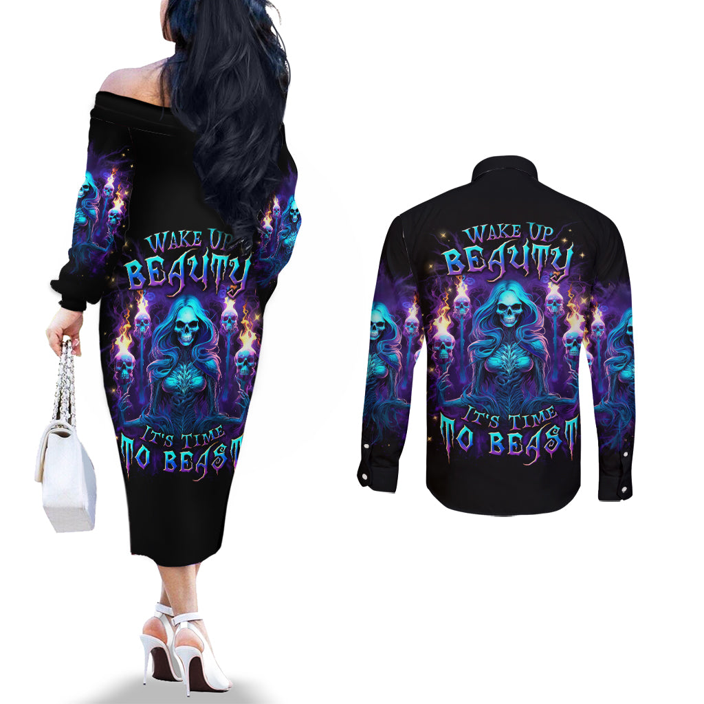 Witch Skull Couples Matching Off The Shoulder Long Sleeve Dress and Long Sleeve Button Shirt Wake Up Beasuty I't Time To Beast