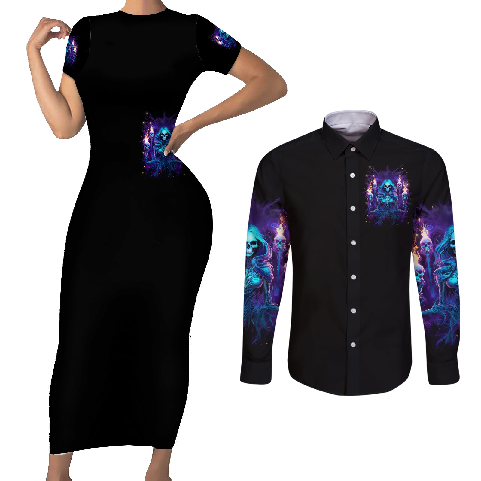 Witch Skull Couples Matching Short Sleeve Bodycon Dress and Long Sleeve Button Shirt Wake Up Beasuty I't Time To Beast