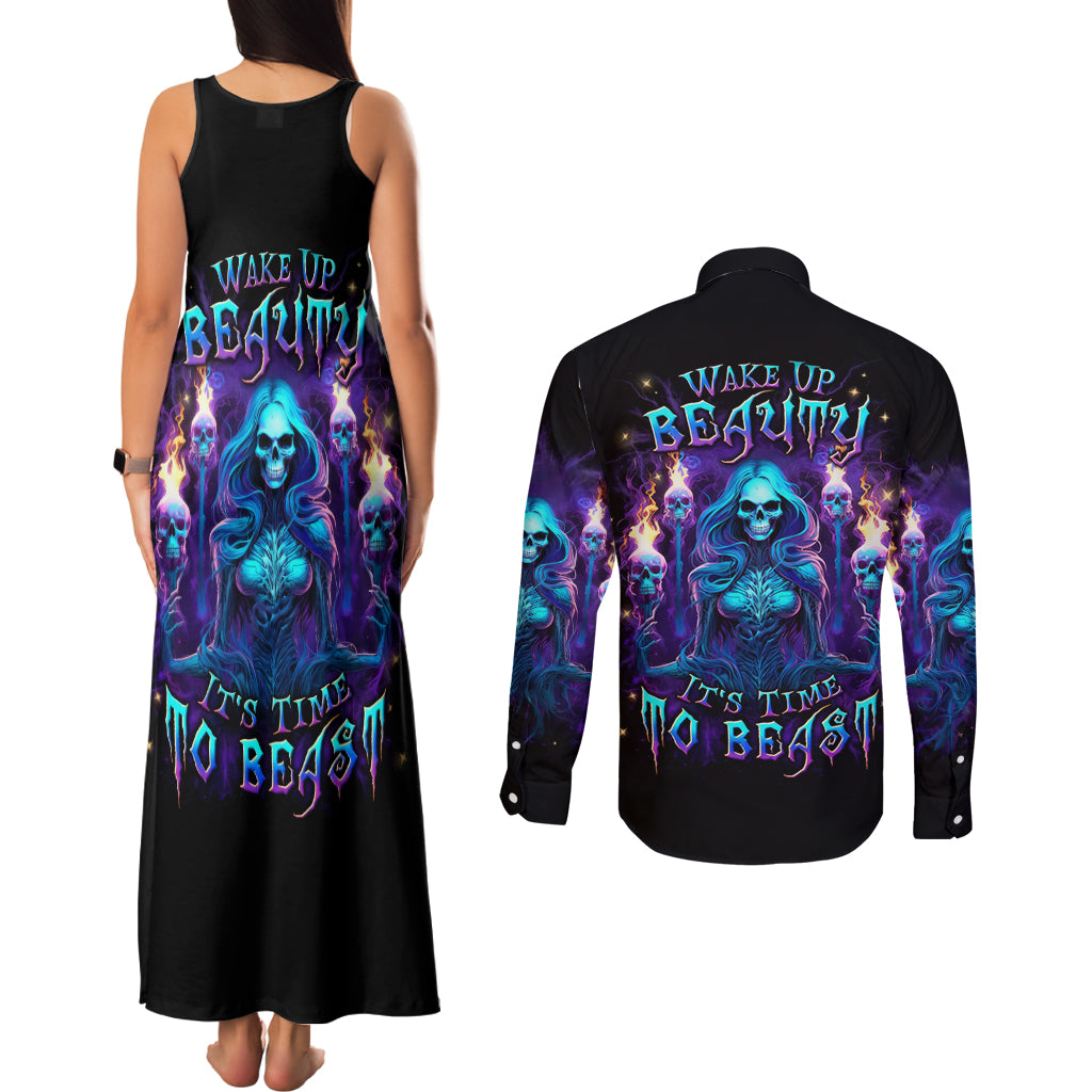 Witch Skull Couples Matching Tank Maxi Dress and Long Sleeve Button Shirt Wake Up Beasuty I't Time To Beast