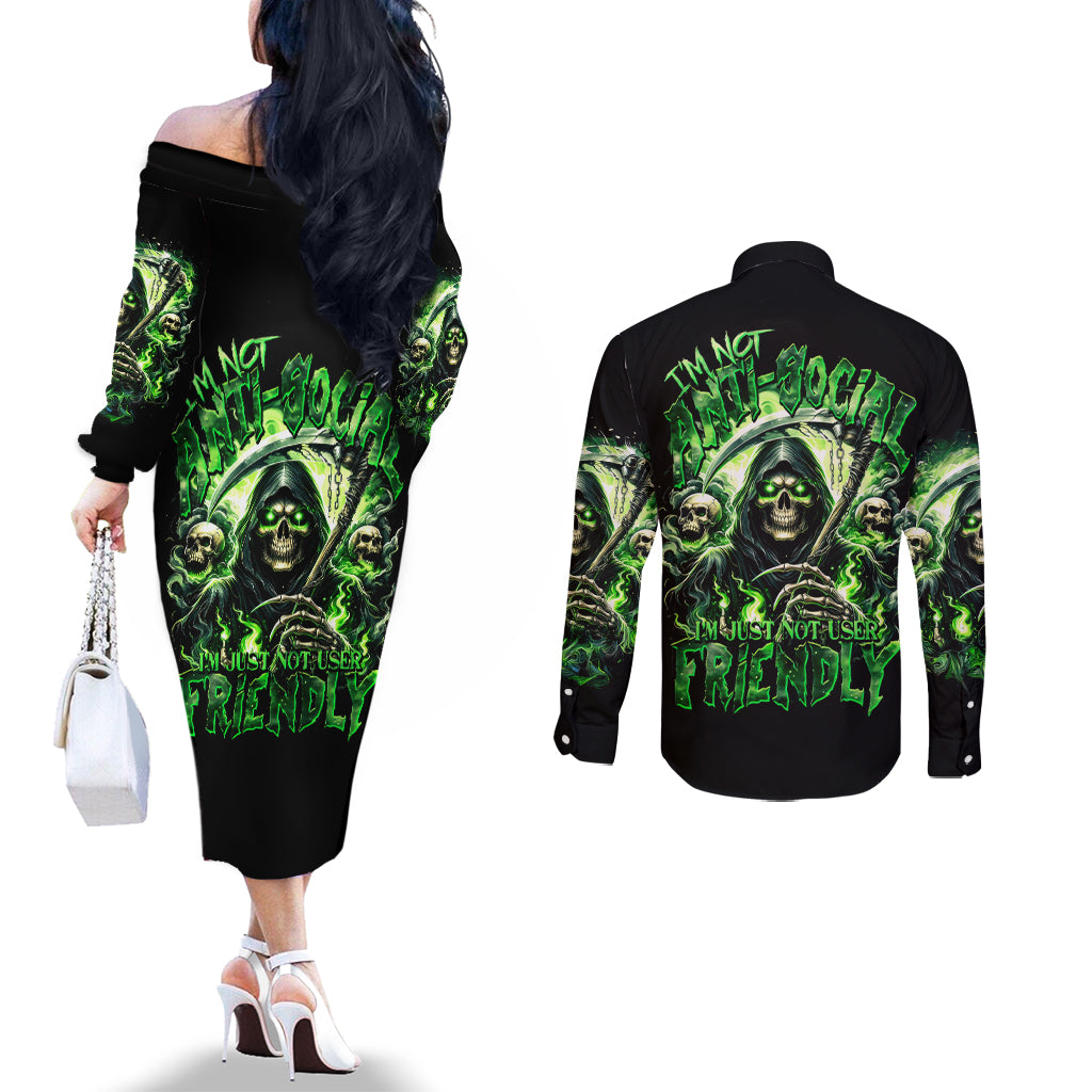 Flame Reaper Skull Couples Matching Off The Shoulder Long Sleeve Dress and Long Sleeve Button Shirt I'm Not Anti Social I'm Just Not User Friendly