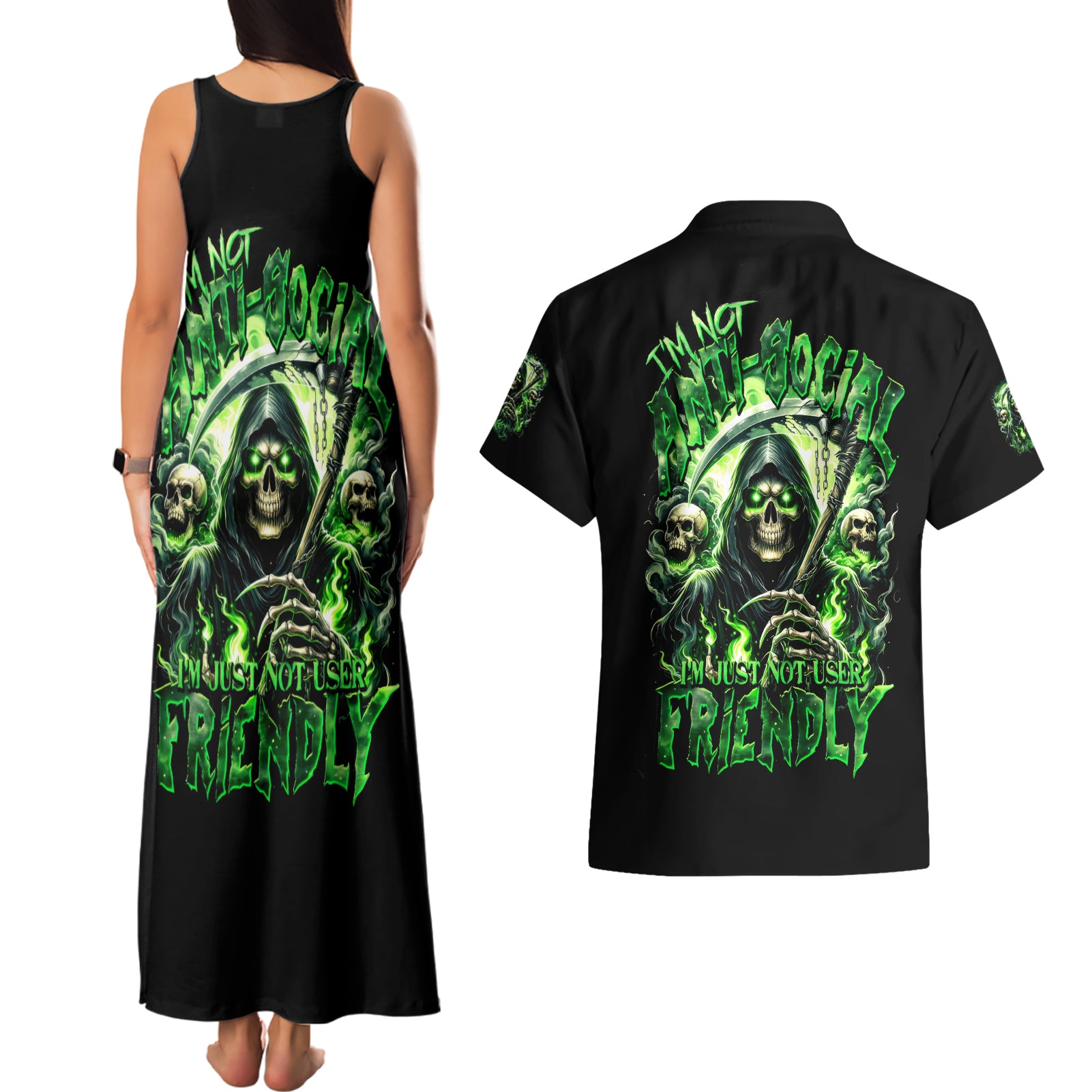 Flame Reaper Skull Couples Matching Tank Maxi Dress and Hawaiian Shirt I'm Not Anti Social I'm Just Not User Friendly