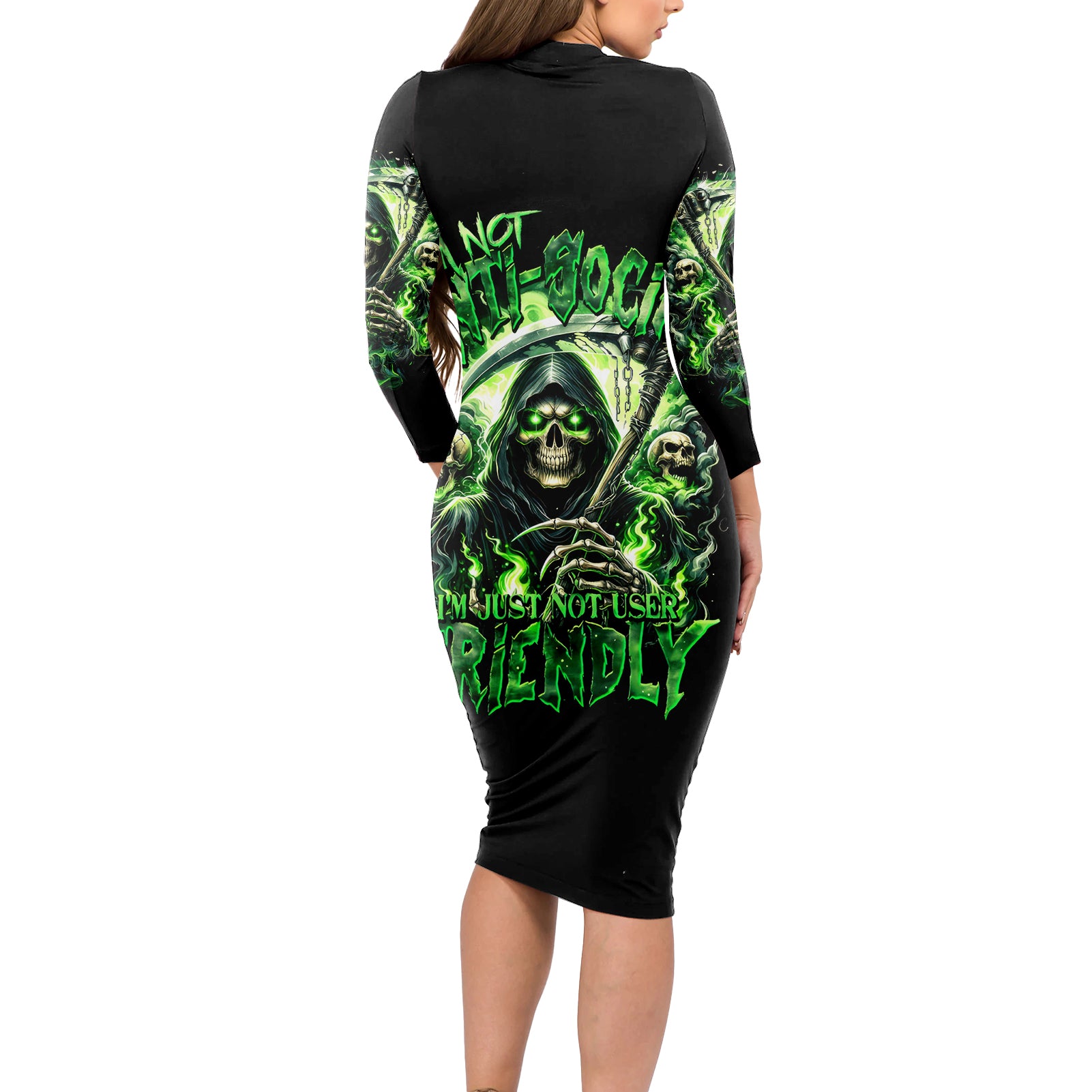 Flame Reaper Skull Long Sleeve Bodycon Dress I'm Not Anti Social I'm Just Not User Friendly