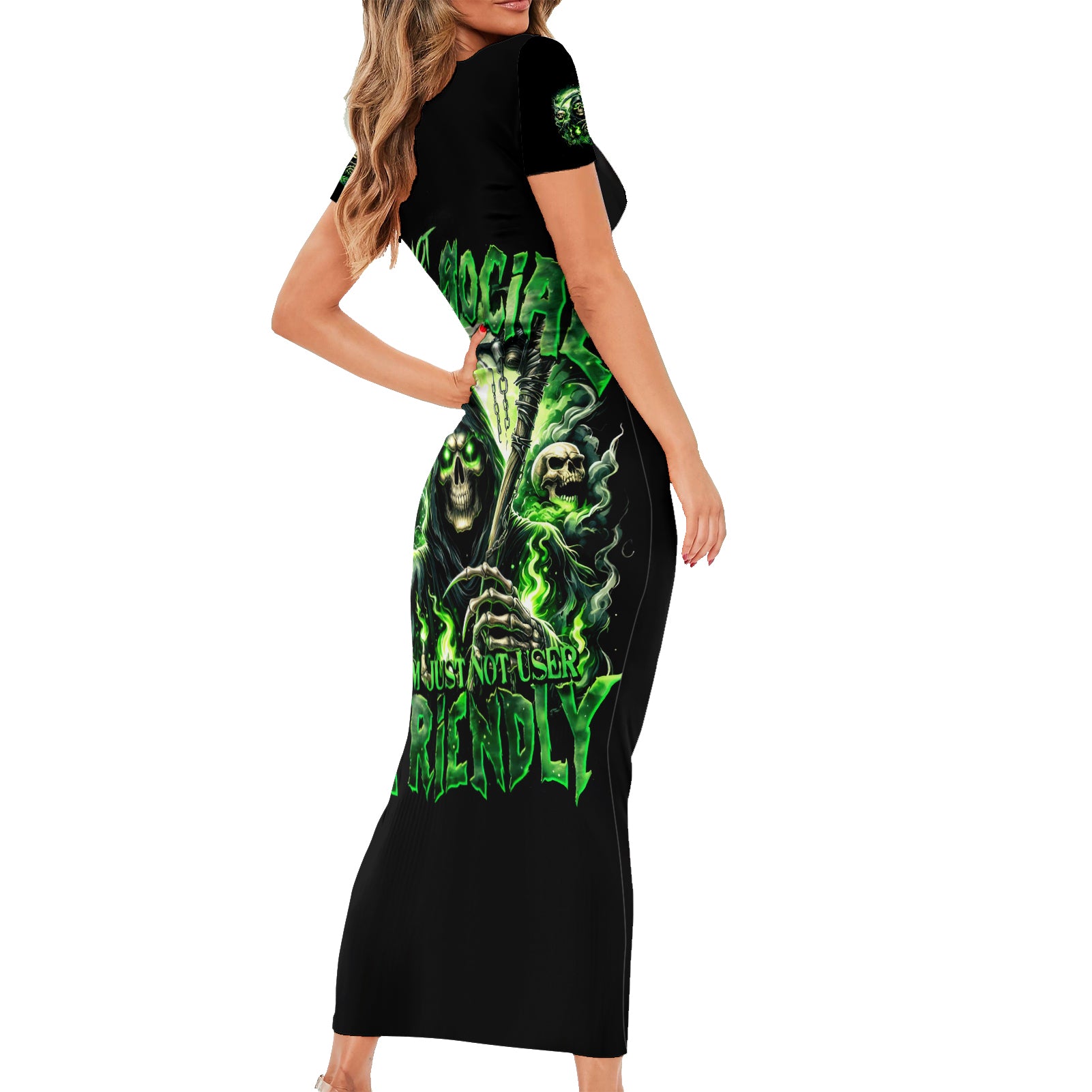 Flame Reaper Skull Short Sleeve Bodycon Dress I'm Not Anti Social I'm Just Not User Friendly