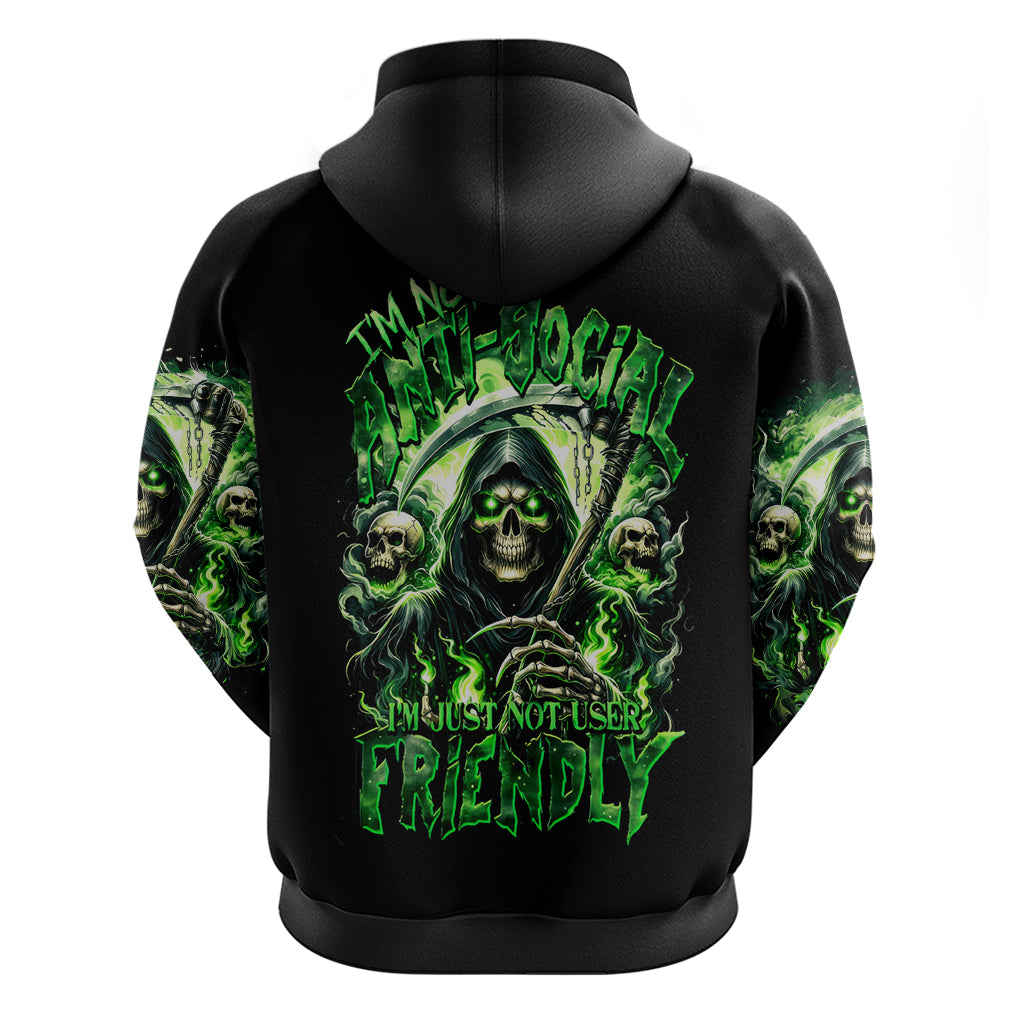 Flame Reaper Skull Zip Hoodie I'm Not Anti Social I'm Just Not User Friendly