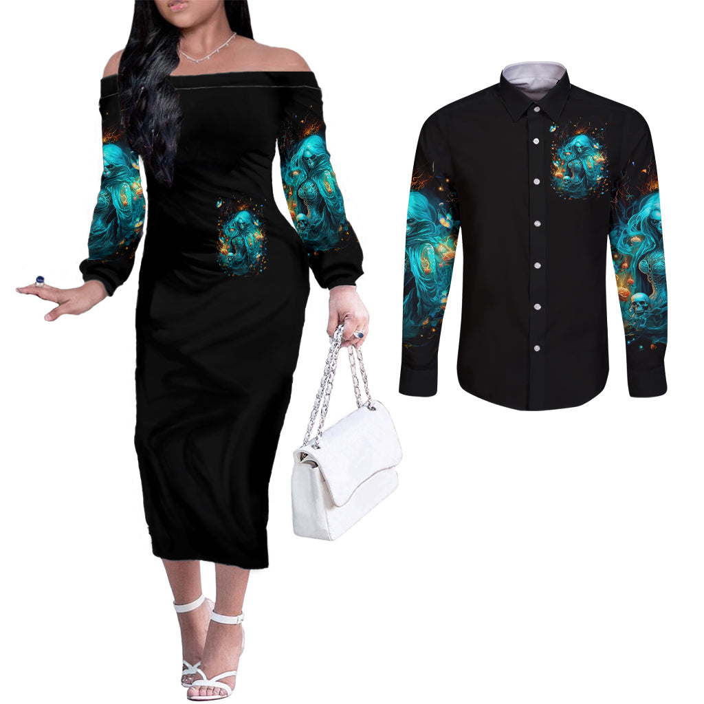 Witch Skull Couples Matching Off The Shoulder Long Sleeve Dress and Long Sleeve Button Shirt She Whispered Back Iam The Storm