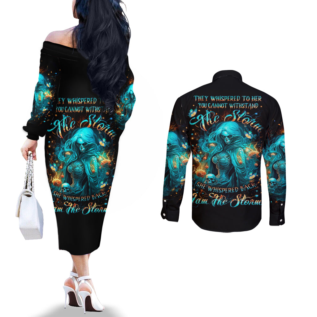 Witch Skull Couples Matching Off The Shoulder Long Sleeve Dress and Long Sleeve Button Shirt She Whispered Back Iam The Storm