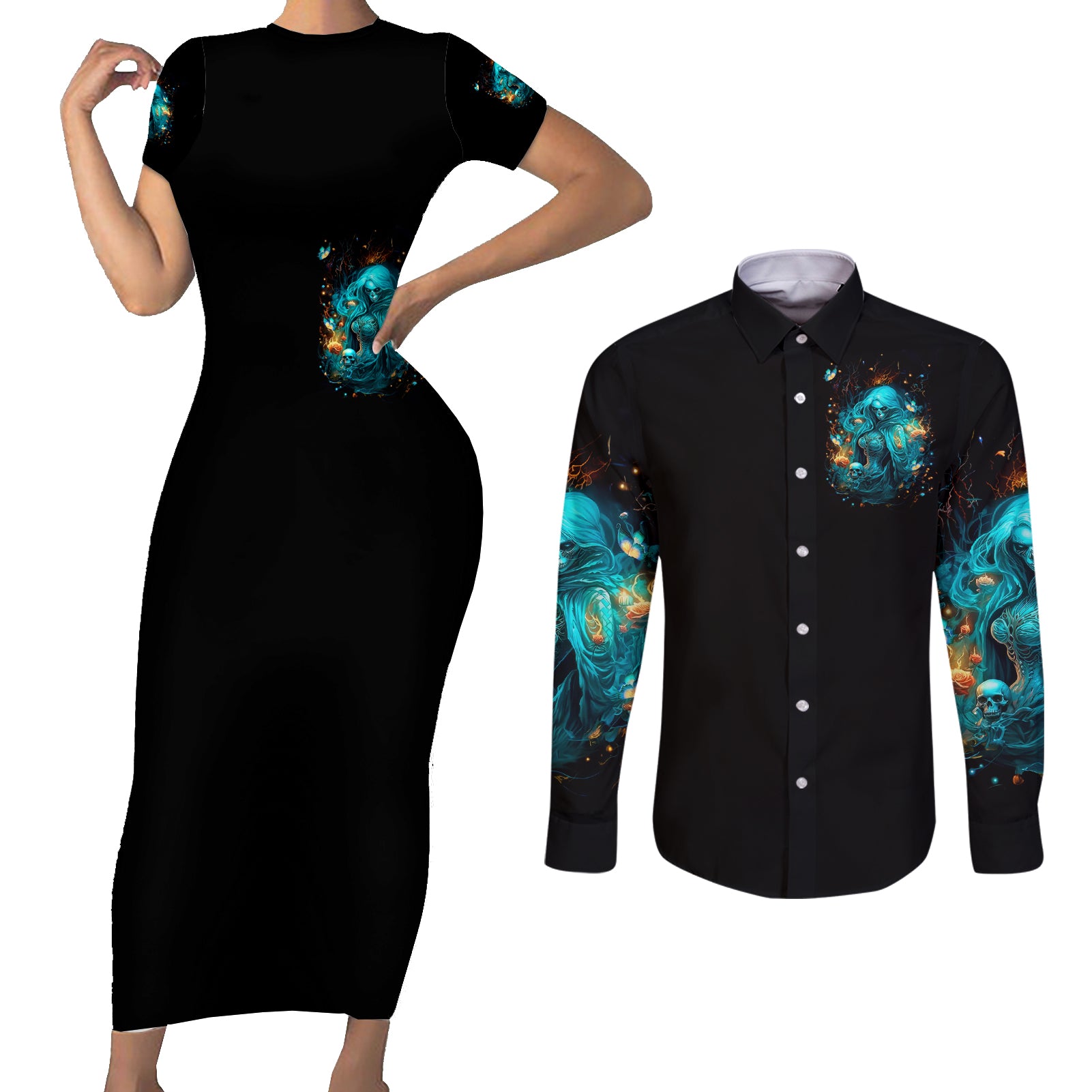Witch Skull Couples Matching Short Sleeve Bodycon Dress and Long Sleeve Button Shirt She Whispered Back Iam The Storm