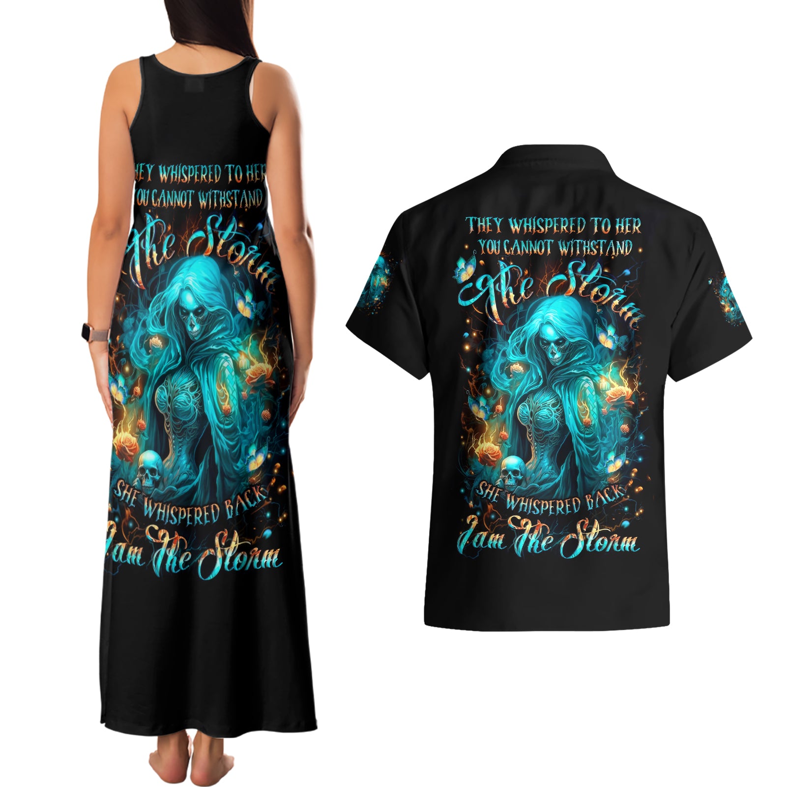 Witch Skull Couples Matching Tank Maxi Dress and Hawaiian Shirt She Whispered Back Iam The Storm