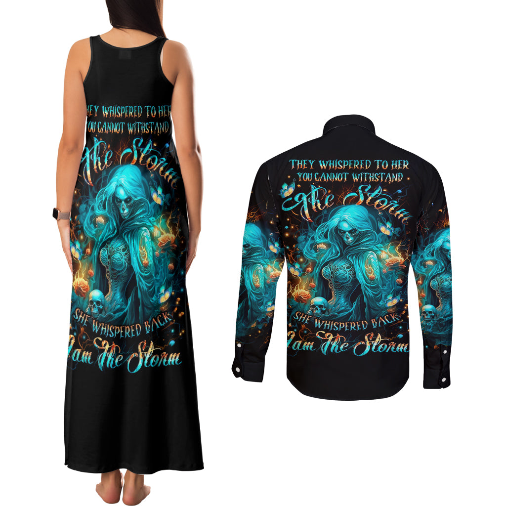 Witch Skull Couples Matching Tank Maxi Dress and Long Sleeve Button Shirt She Whispered Back Iam The Storm
