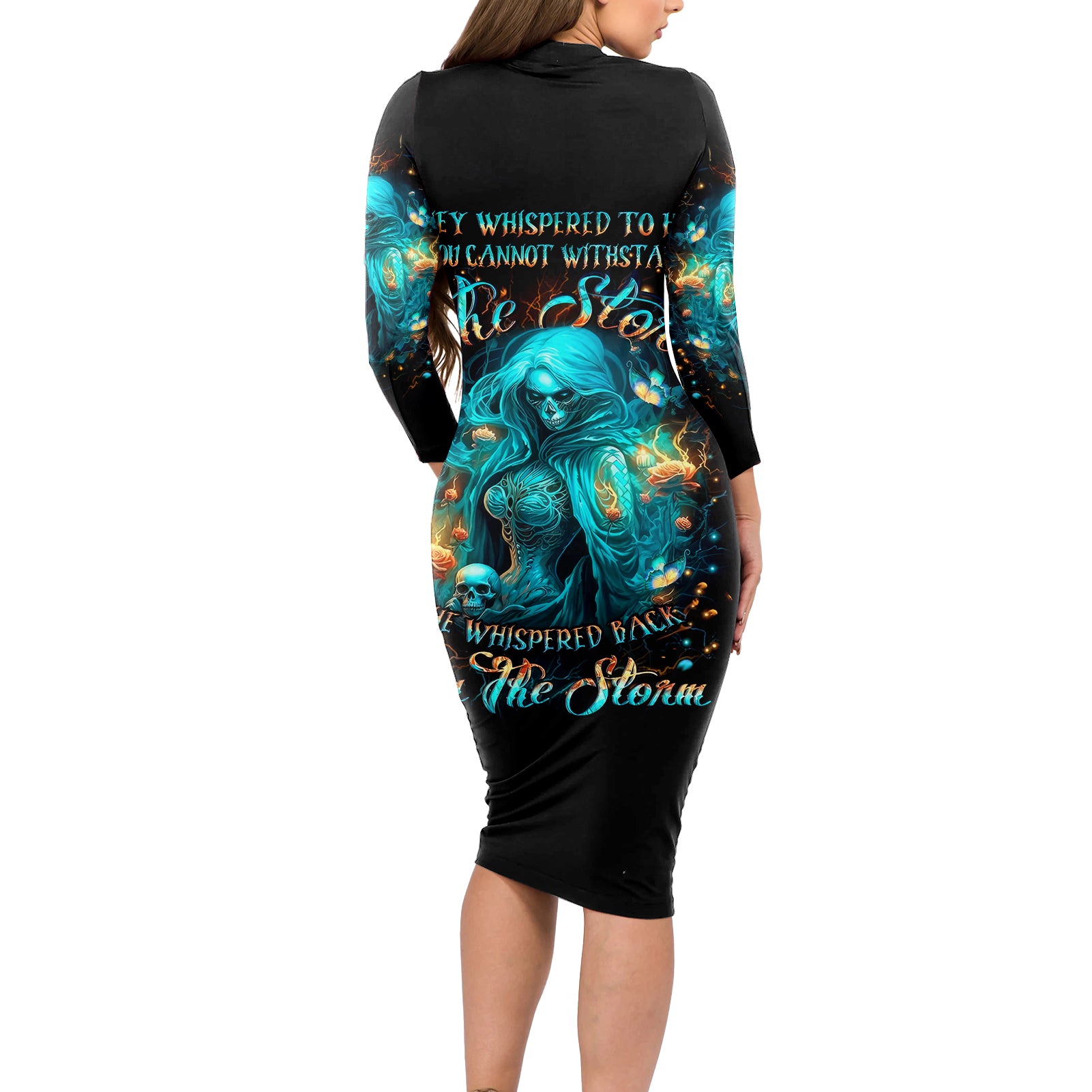 Witch Skull Long Sleeve Bodycon Dress She Whispered Back Iam The Storm