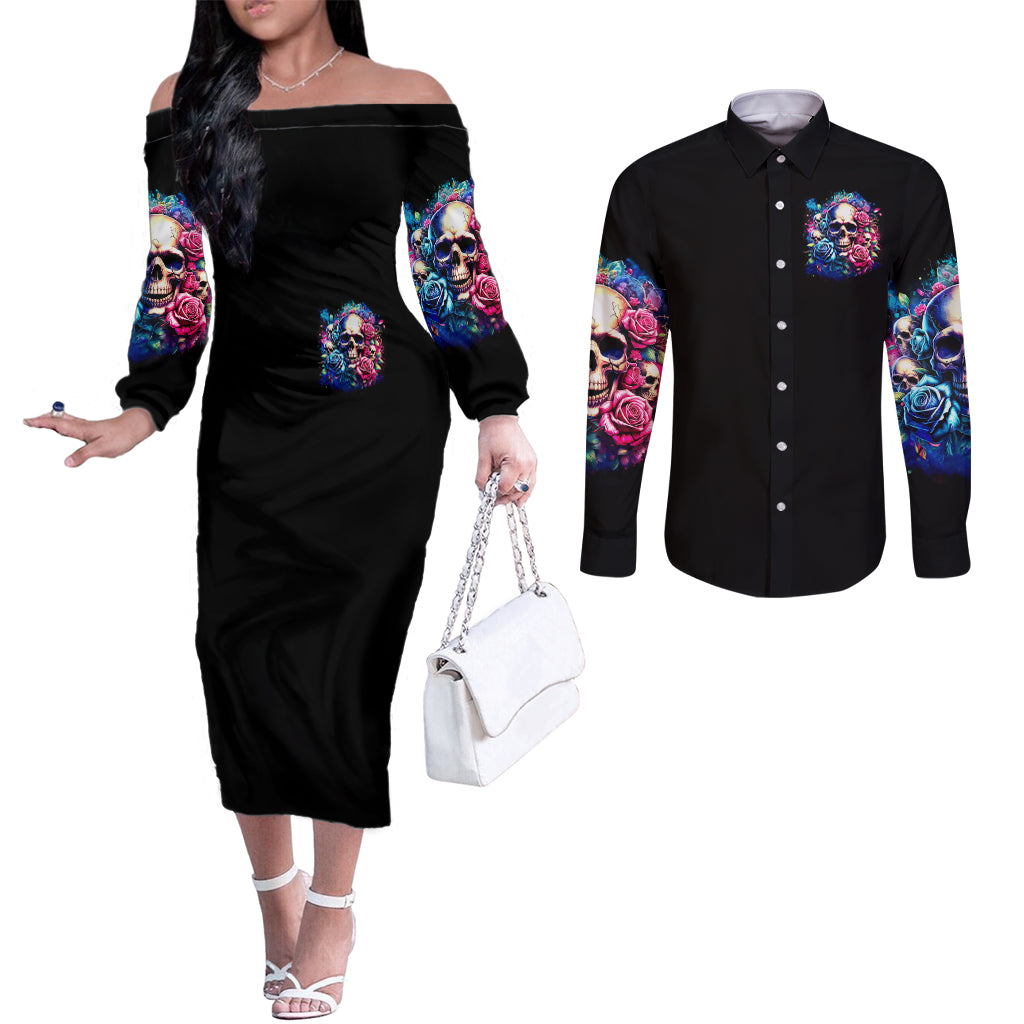 Rose Skull Couples Matching Off The Shoulder Long Sleeve Dress and Long Sleeve Button Shirt Assuming I Was Like Most Girls Was Your First Mistake