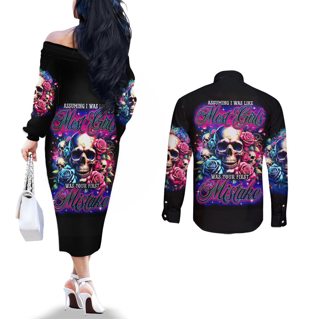 Rose Skull Couples Matching Off The Shoulder Long Sleeve Dress and Long Sleeve Button Shirt Assuming I Was Like Most Girls Was Your First Mistake