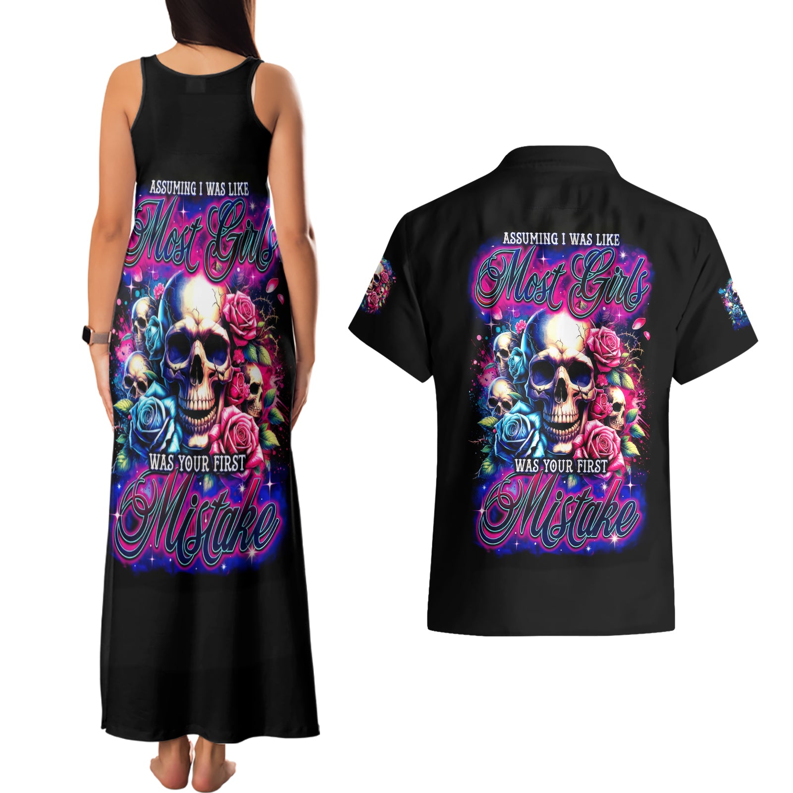 Rose Skull Couples Matching Tank Maxi Dress and Hawaiian Shirt Assuming I Was Like Most Girls Was Your First Mistake