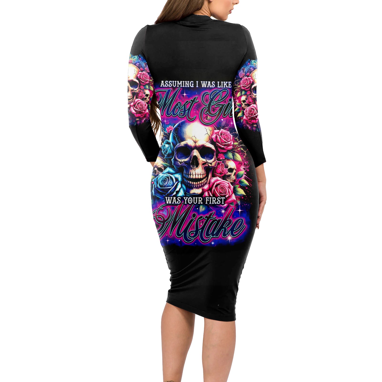Rose Skull Long Sleeve Bodycon Dress Assuming I Was Like Most Girls Was Your First Mistake