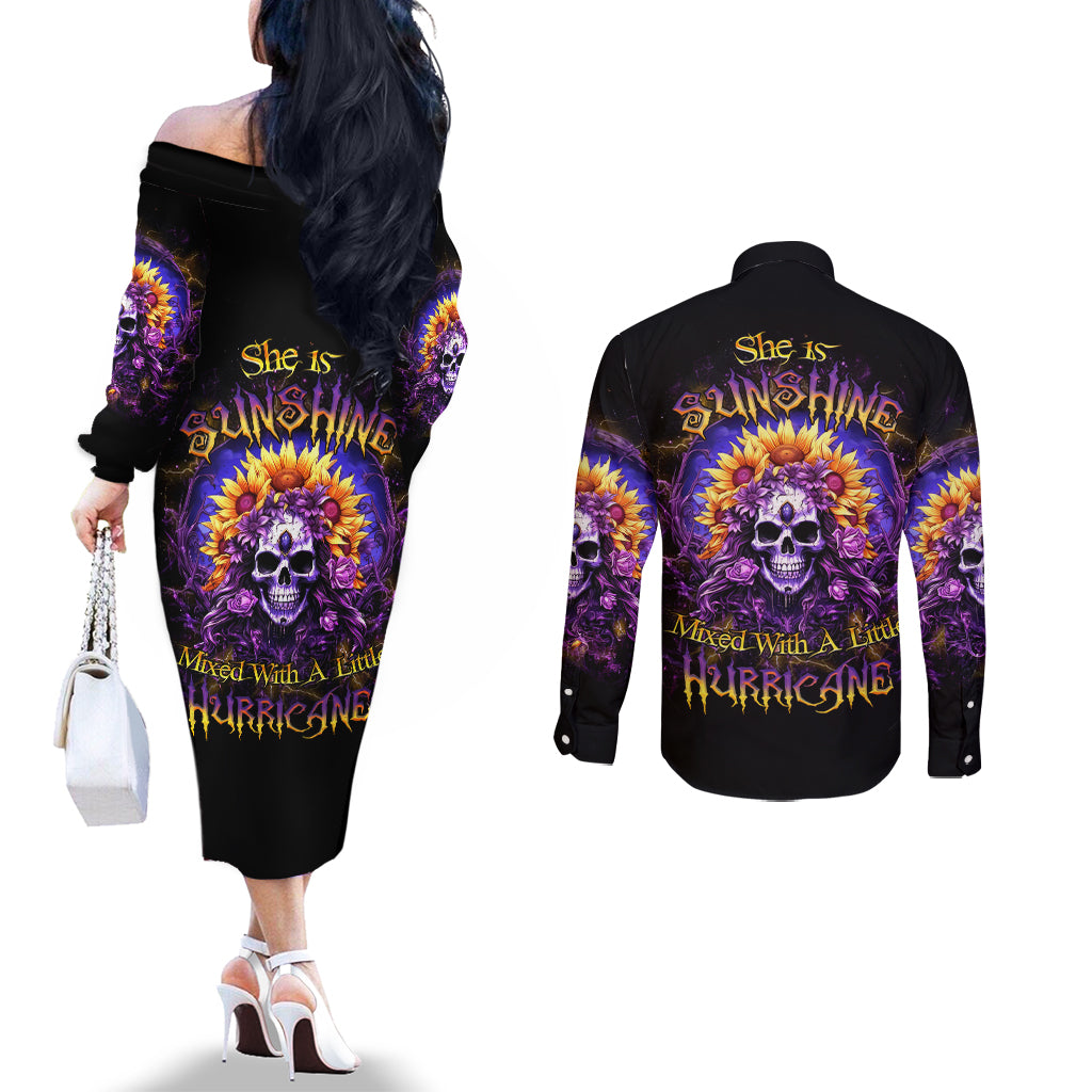 Sunflower Skull Couples Matching Off The Shoulder Long Sleeve Dress and Long Sleeve Button Shirt She Is Sunshine Mixed With A Little Hurricane